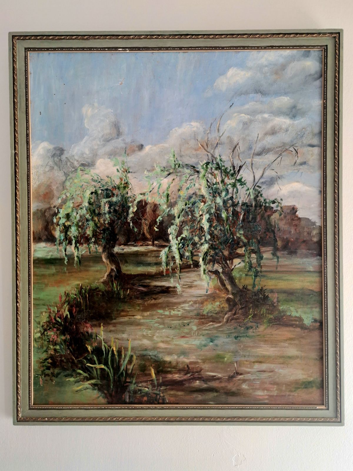 Vintage Oil Painting Of A River Landscape With Willow Trees