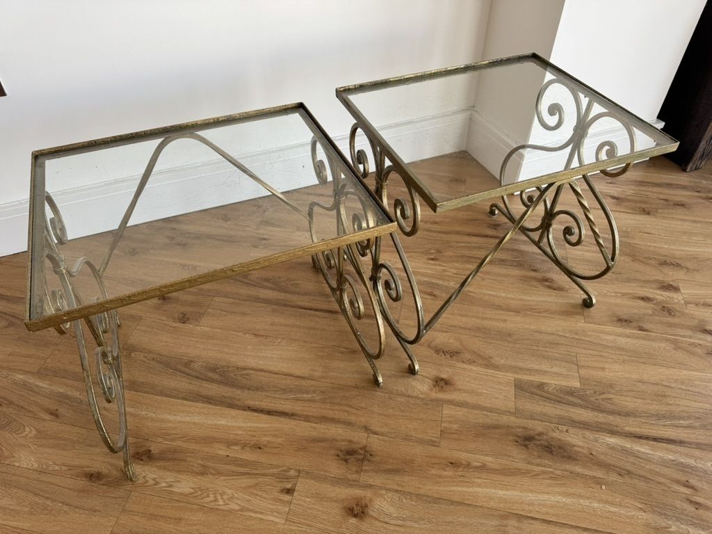 A Pair Of Gilt, Wrought Iron, Glass Top Side Tables