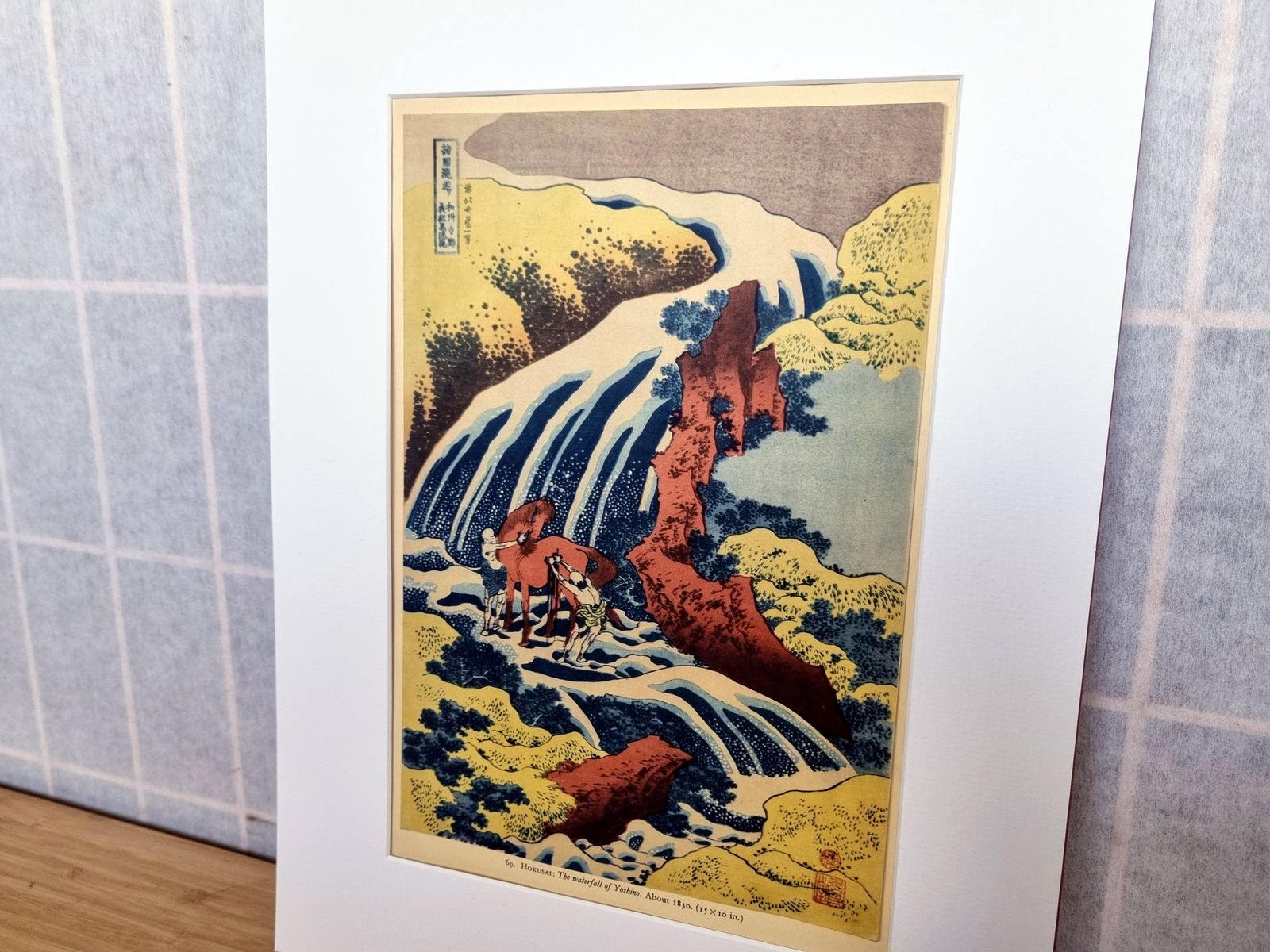 Vintage Japanese Art Print, Hokusai Waterfall Yoshino Scene, 1950s Colour Mounted, Japanese Woodblock Style Wall Art photo for sale