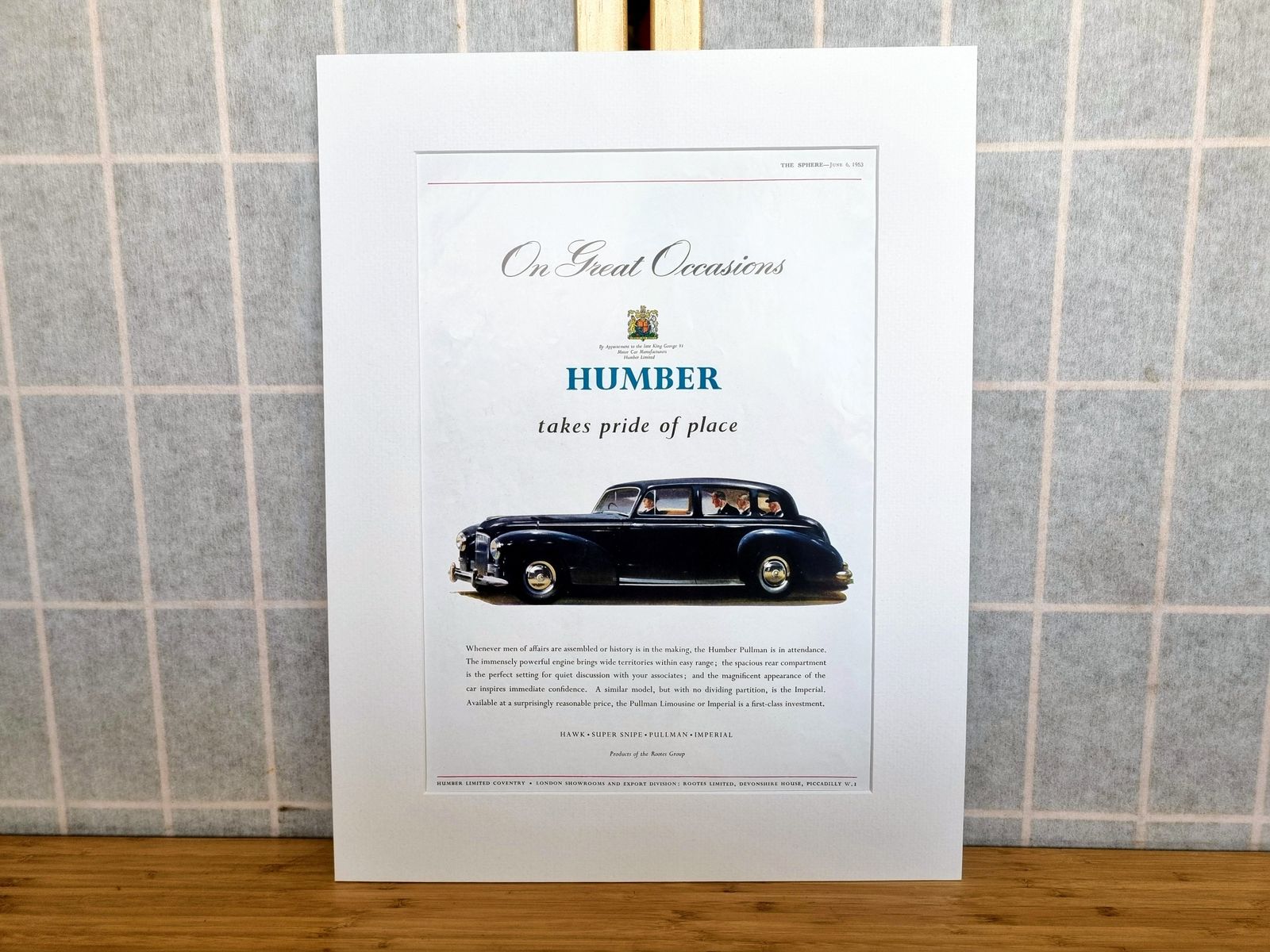 Vintage Car Advertisement, Humber Pullman 1950s Page, Luxury Motor Print, 14.5x10 Inch British Ephemera
