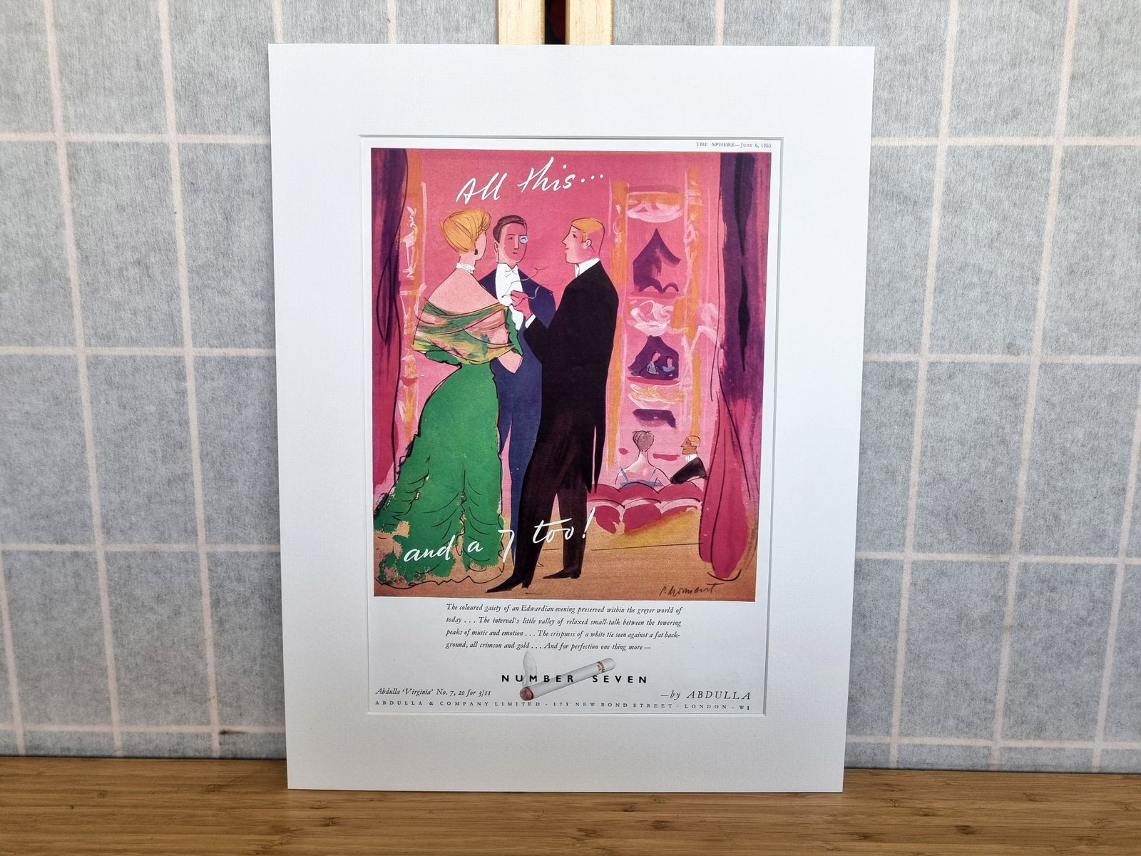 Vintage Illustration Advertisement, Abdulla Virginia No 7 Cigarettes 1950s Page, Theatre Style Art, British Ephemera