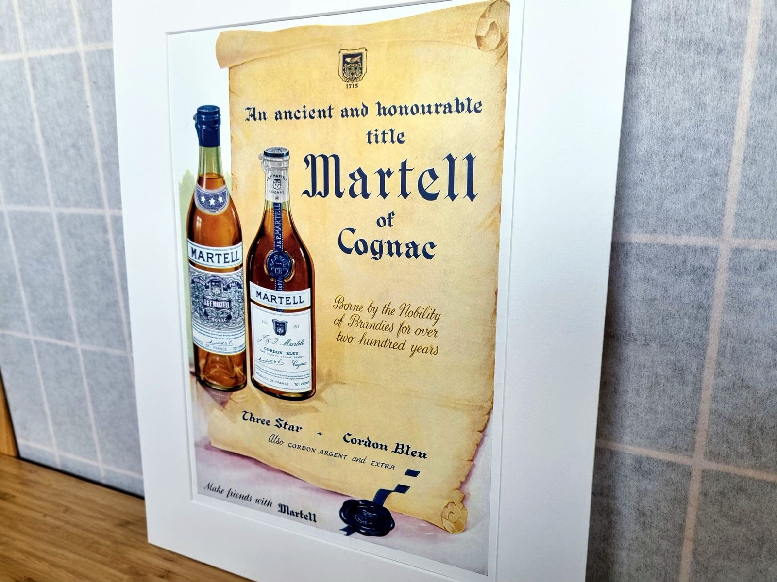 French Cognac Advertisement Print, Martell Cognac Scroll Design, 1950s Magazine Page Mounted, Classic Spirits Ephemera photo Art