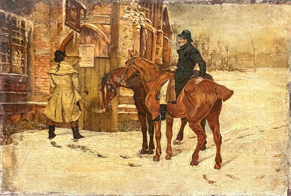 Naïve Oil Painting – Tavern Scene In The Snow. 54x36cm