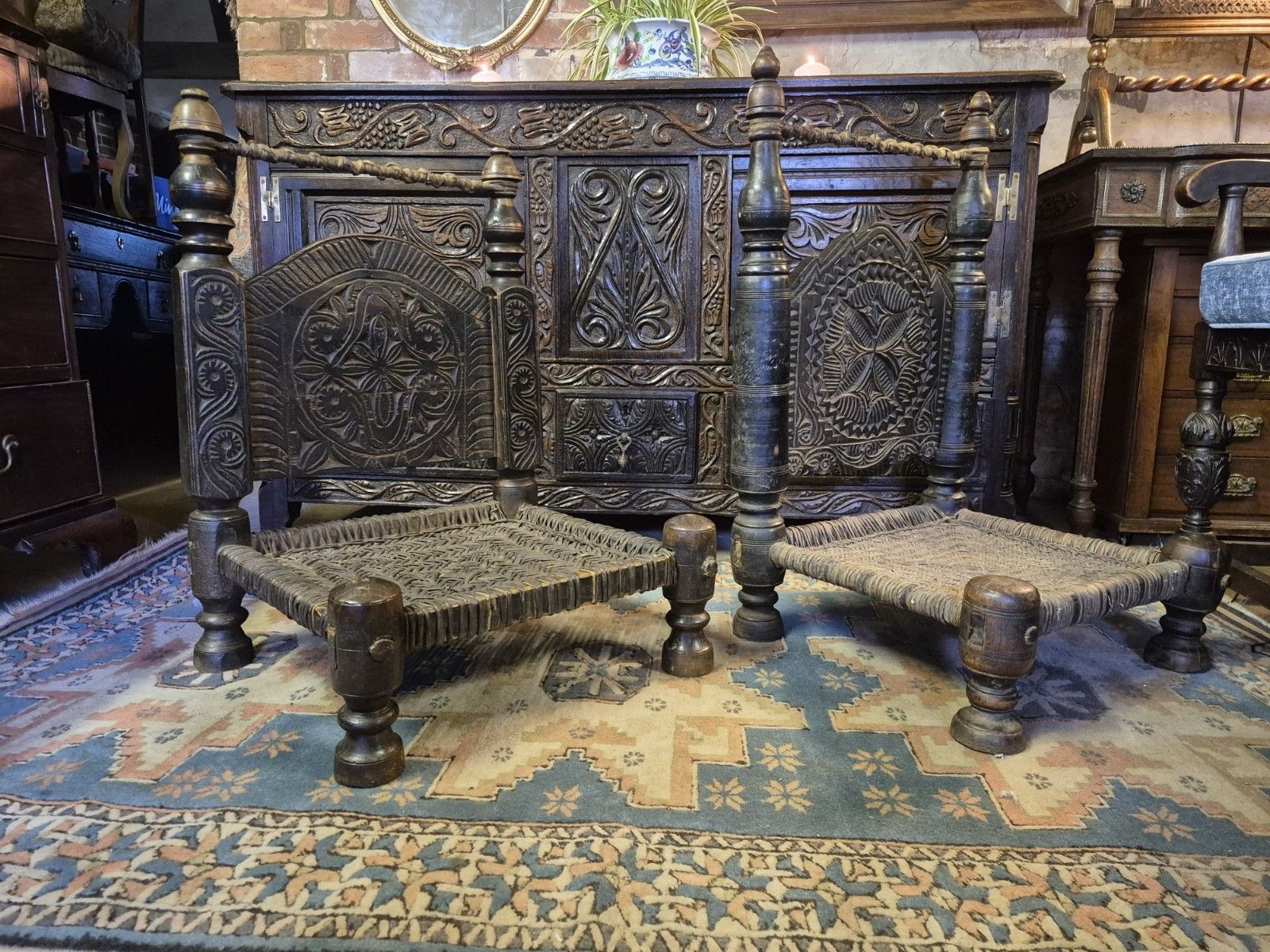 Magical Early 19th Century Matched Pair Of Nuristani Swat Valley Bedouin Cedar Ethnic Tribal Chairs photo for sale