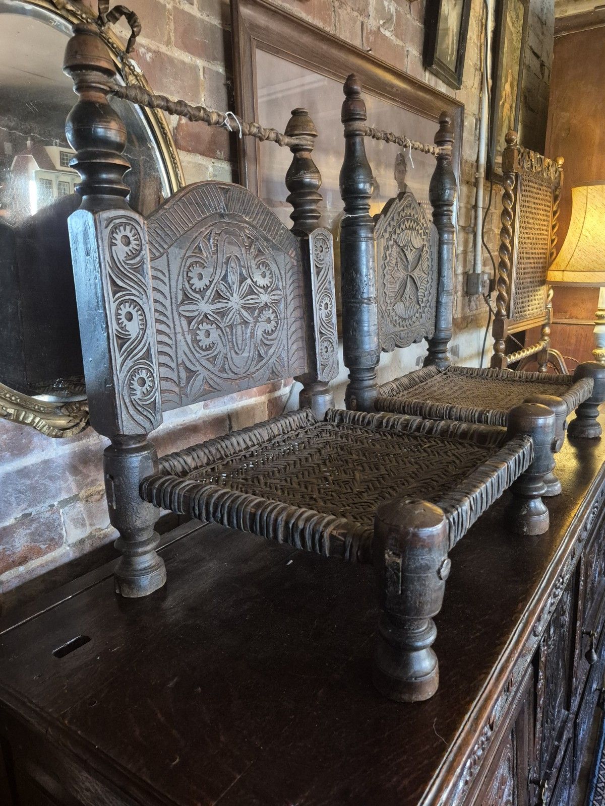 Magical Early 19th Century Matched Pair Of Nuristani Swat Valley Bedouin Cedar Ethnic Tribal Chairs photo Furniture