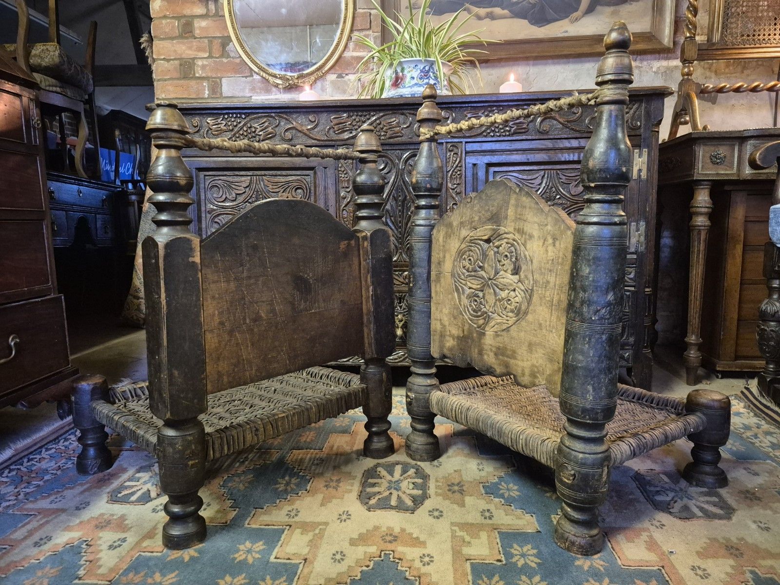 Magical Early 19th Century Matched Pair Of Nuristani Swat Valley Bedouin Cedar Ethnic Tribal Chairs photo 275.0