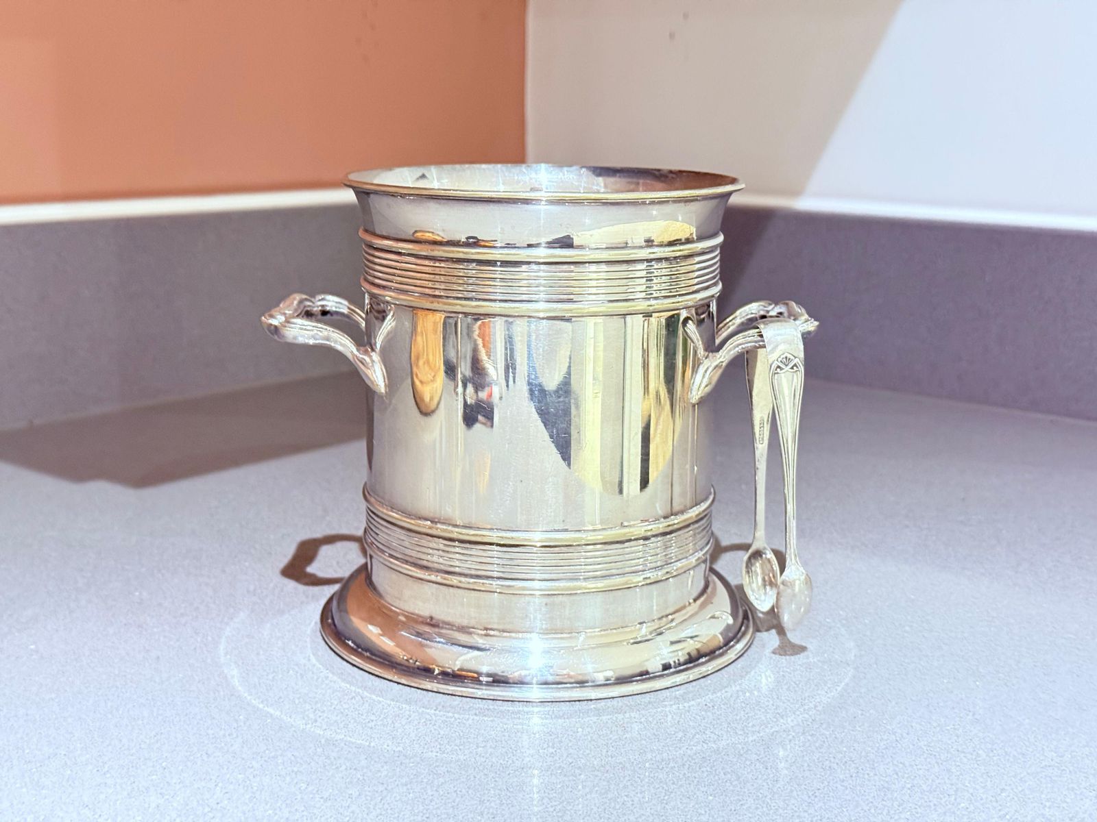Antique Silver Plated Ice Bucket With Original Tongs, 23 × 16 Cm — Early 20th photo furniture