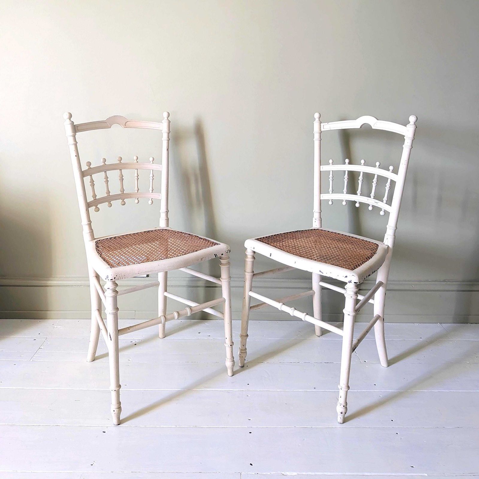 A Pretty Pair Of Antique French Painted Side Chairs With Cane Seats C1890 photo vintage