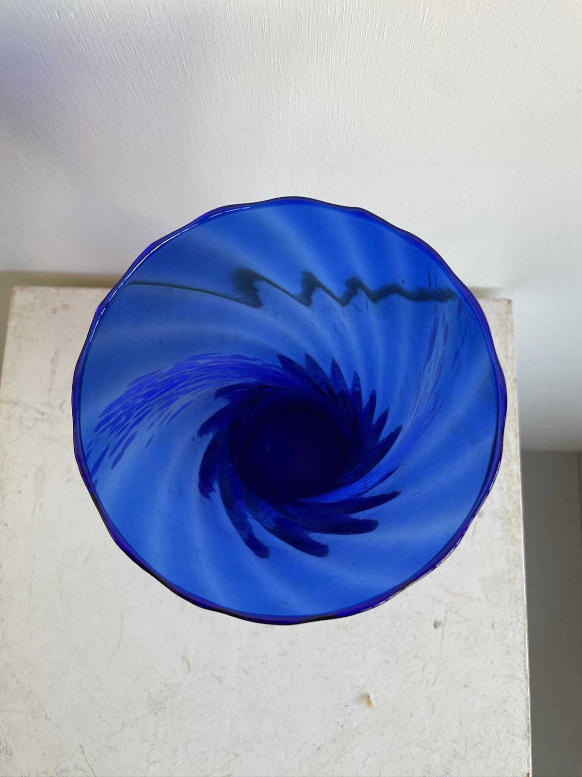Large Scandi Cobalt Blue Glass Vase With Marbled Swirl Of White photo for sale