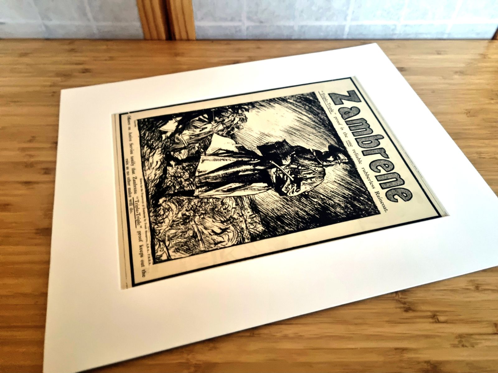 British Military Advertisement Print, Zambrone Raincoat Illustration, First World War Era Magazine Page Mounted photo furniture