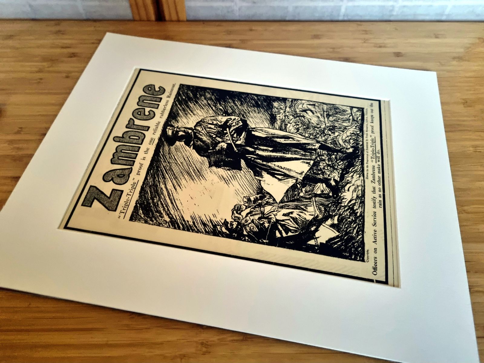 British Military Advertisement Print, Zambrone Raincoat Illustration, First World War Era Magazine Page Mounted photo for sale