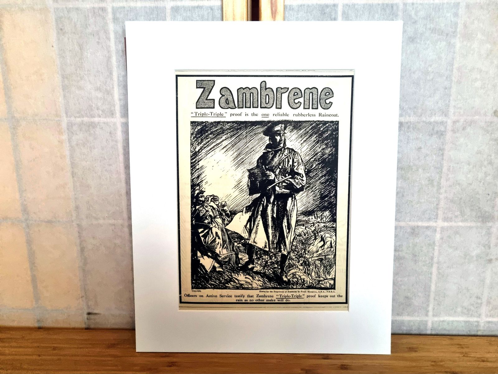 British Military Advertisement Print, Zambrone Raincoat Illustration, First World War Era Magazine Page Mounted