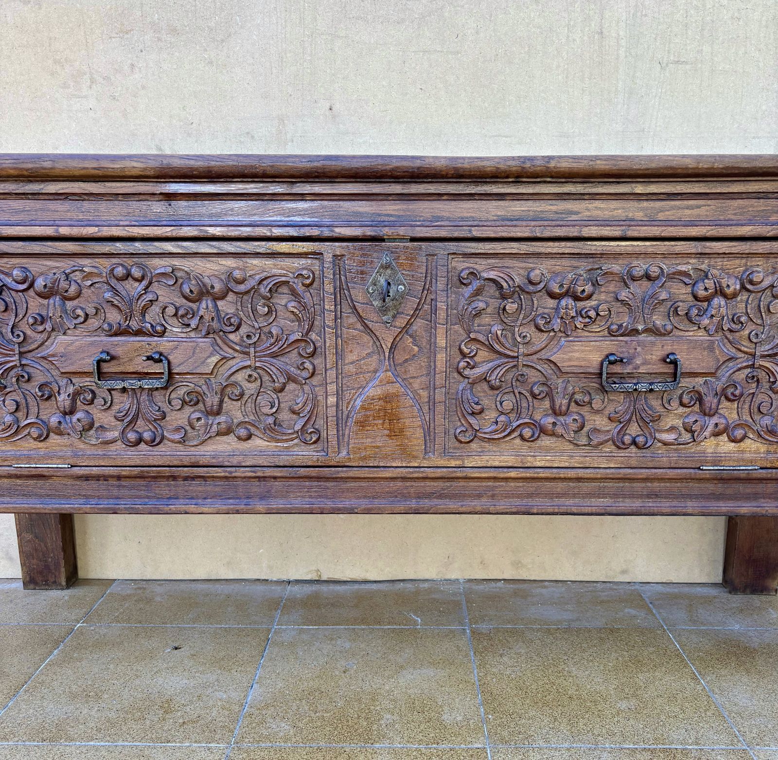 Antique Hand Carved Wooden Chest With Decorative Panels photo vintage