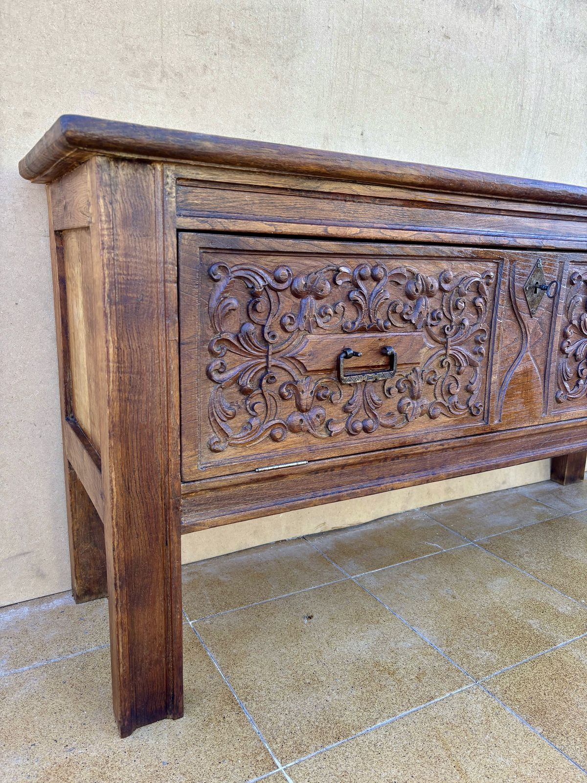 photo furniture Antique Hand Carved Wooden Chest With Decorative Panels