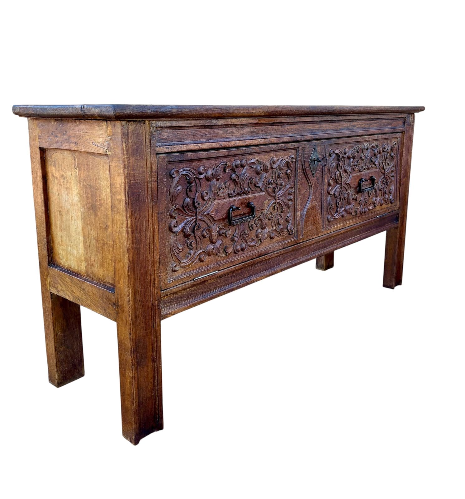 Antique Hand Carved Wooden Chest With Decorative Panels