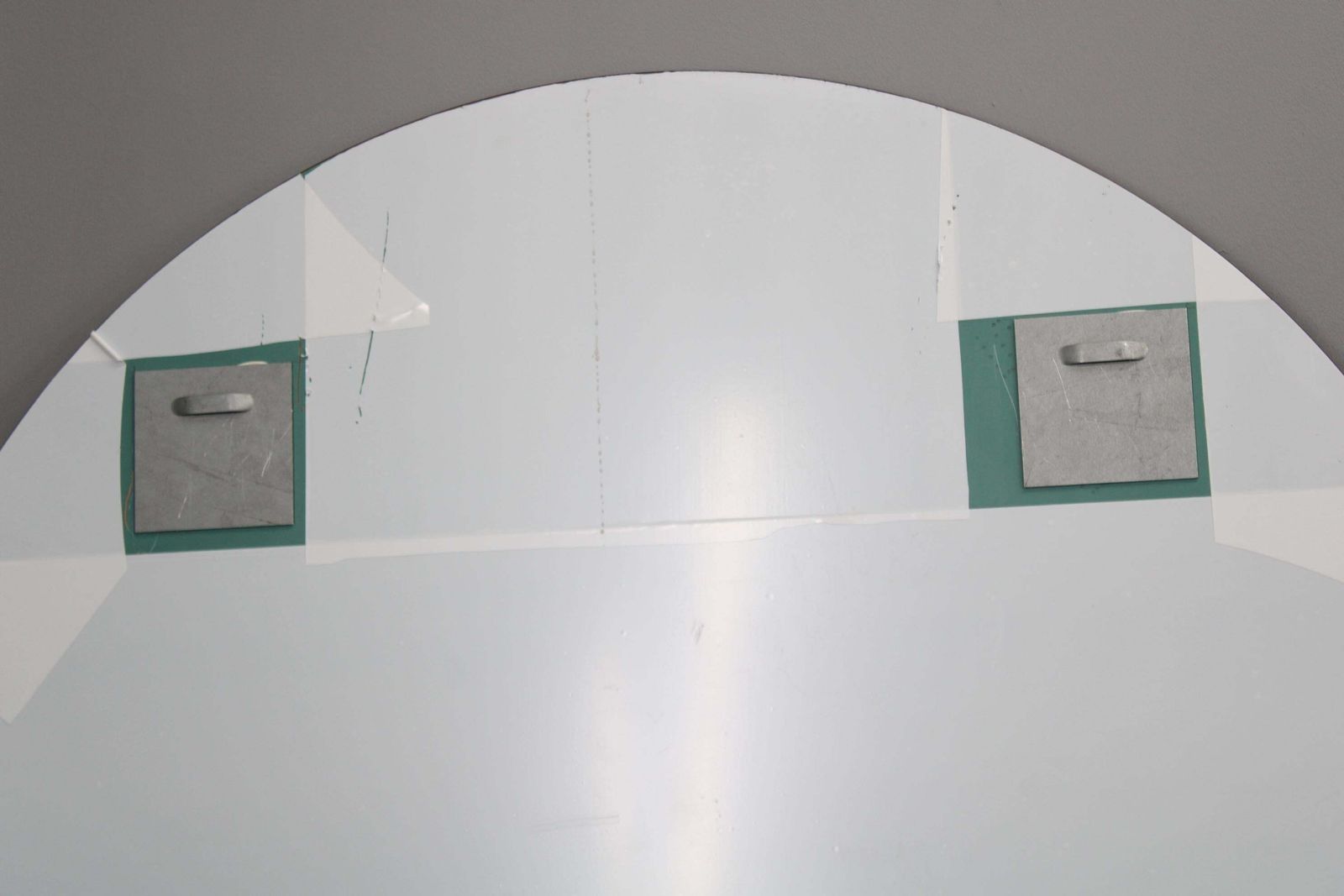 Large 1980s Italian Smoke Tinted Round Mirror With White Geometric Segment photo buy
