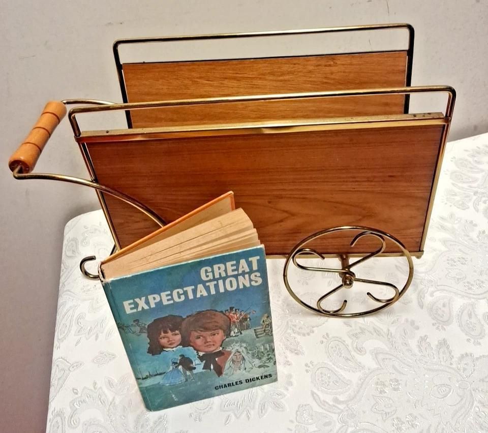 Mid Century Magazine Rack In A Cart And Brass Style photo vinterior
