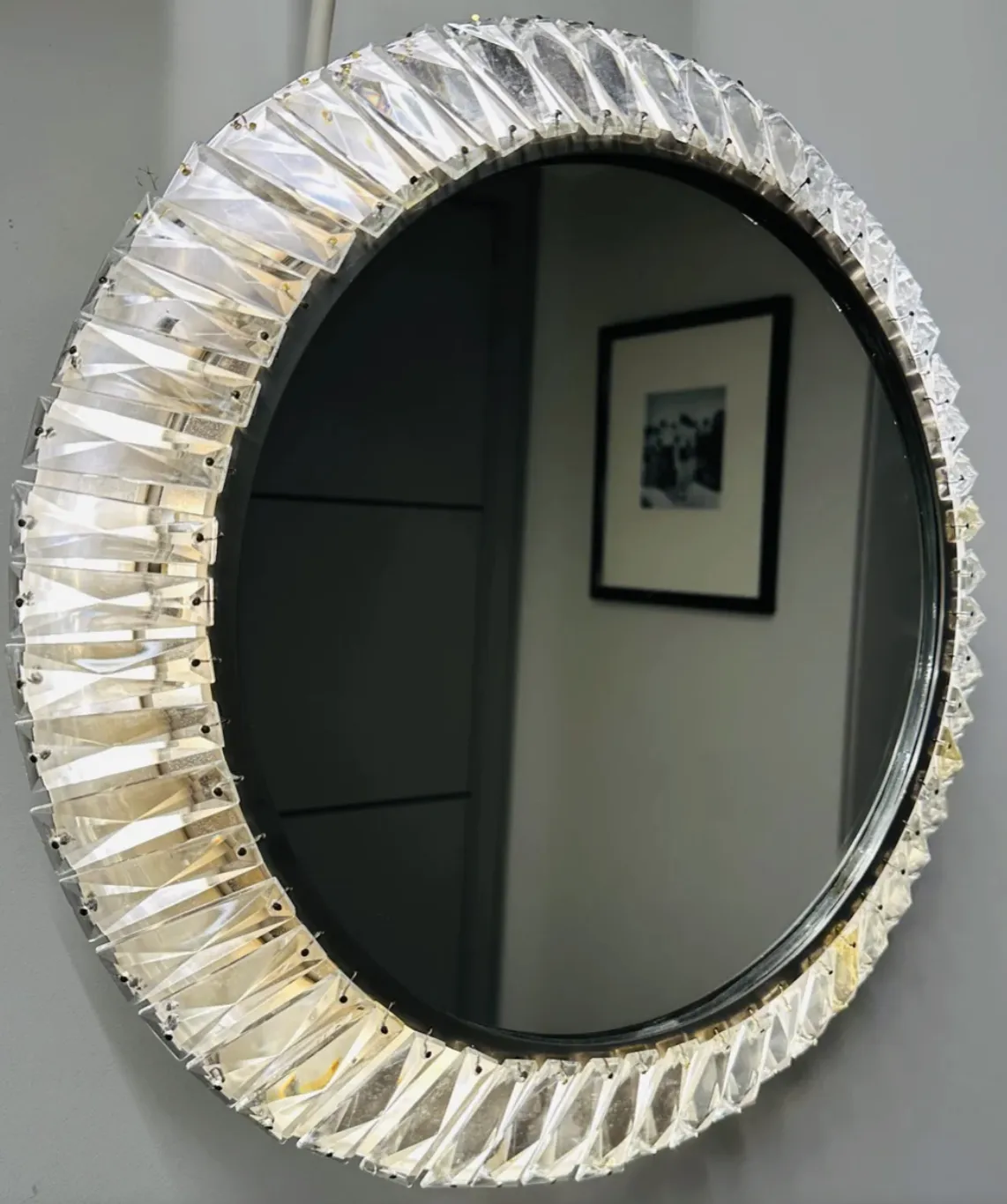 photo for sale 1960s Austrian Bakalowits & Söhne Illuminated Faceted Crystal & Polished Chrome Wall Mirror