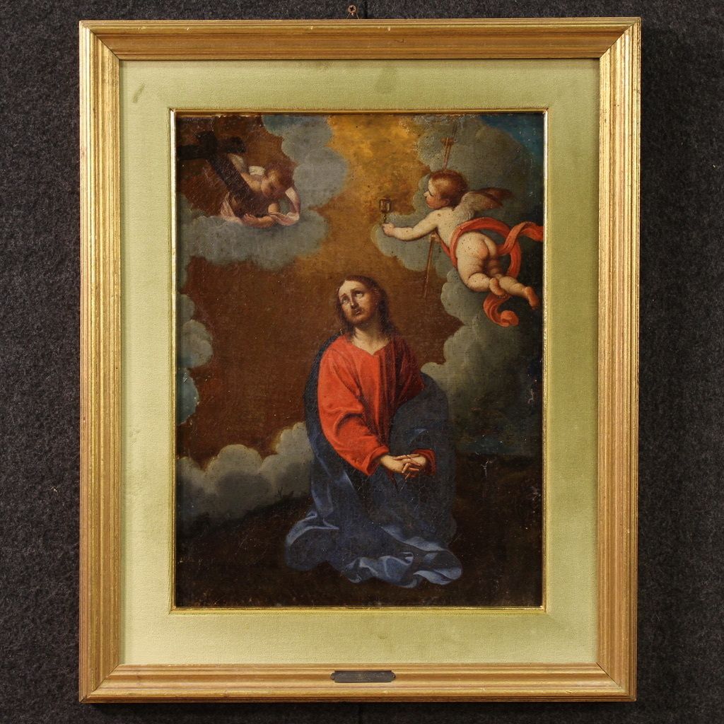 Antique Italian Painting Christ With Angels From The 17th Century