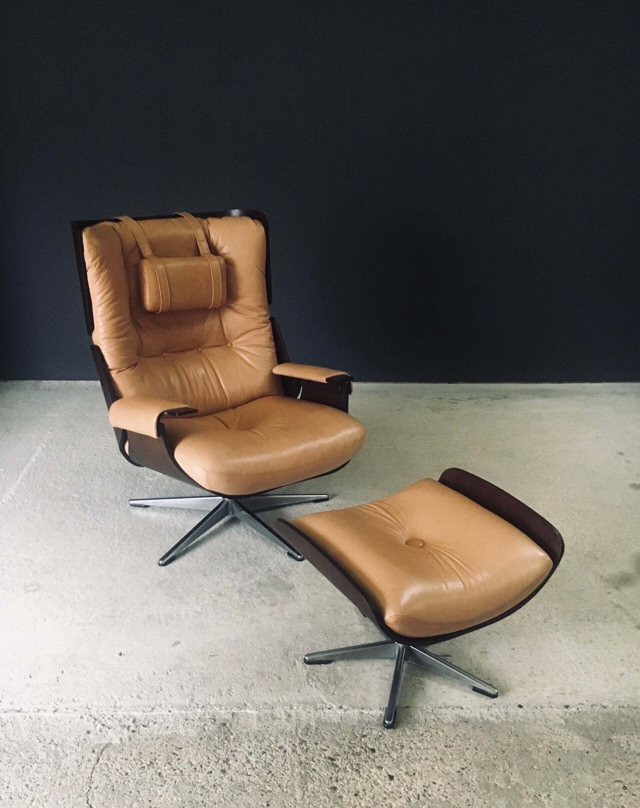 Midcentury Modern Design Leather Lounge Chair & Ottoman, Germany 1960's photo 4200.0