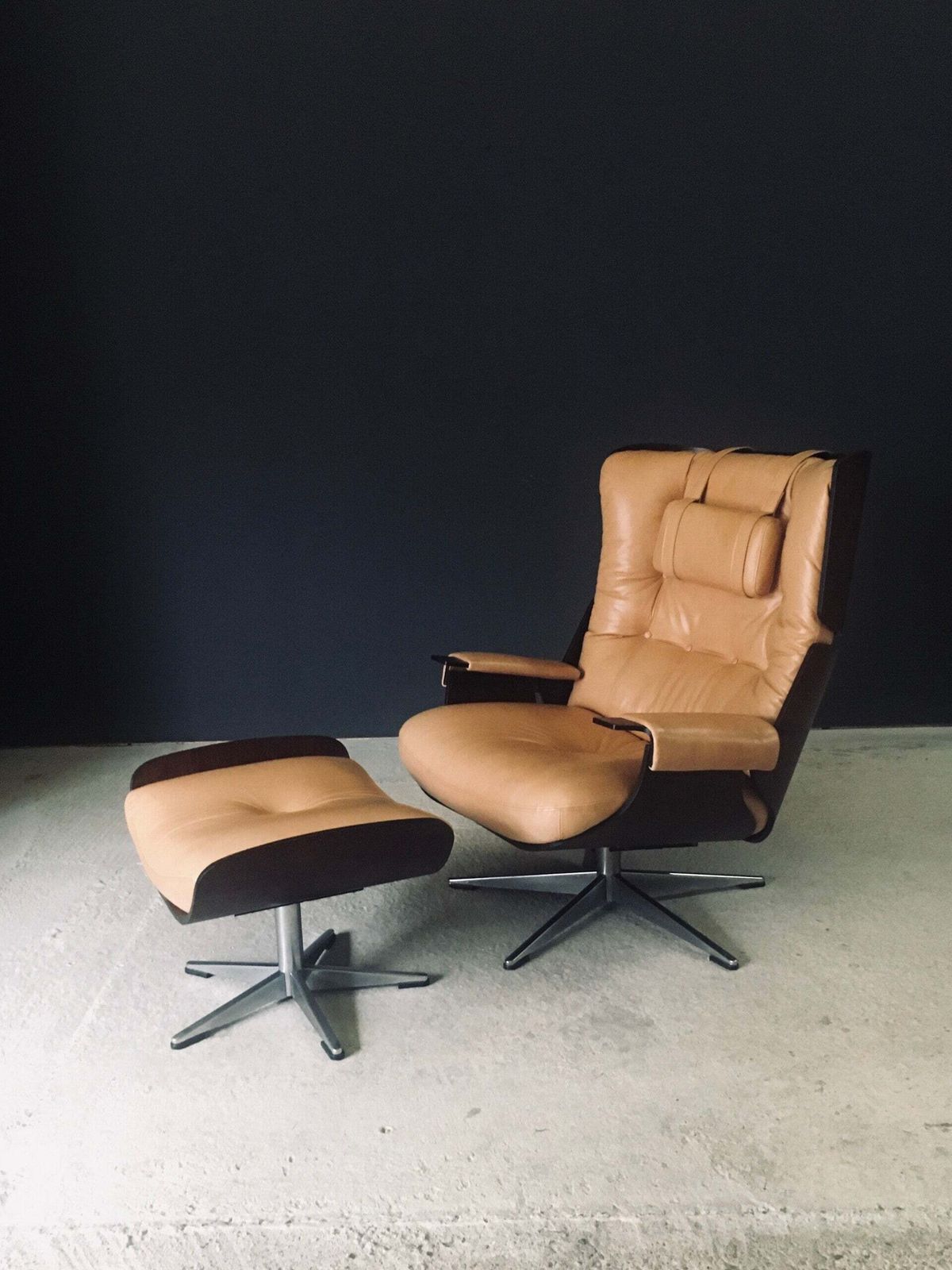 Midcentury Modern Design Leather Lounge Chair & Ottoman, Germany 1960's photo buy