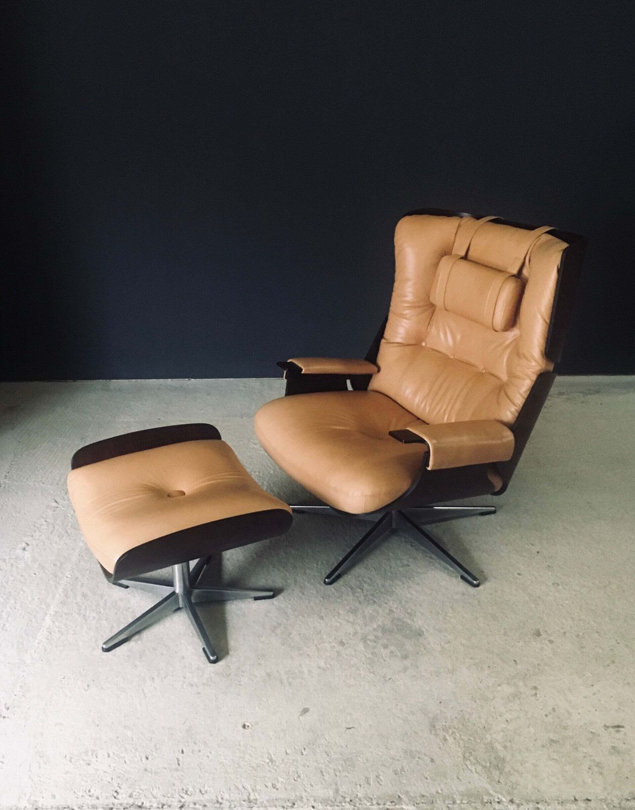 Midcentury Modern Design Leather Lounge Chair & Ottoman, Germany 1960's photo vintage