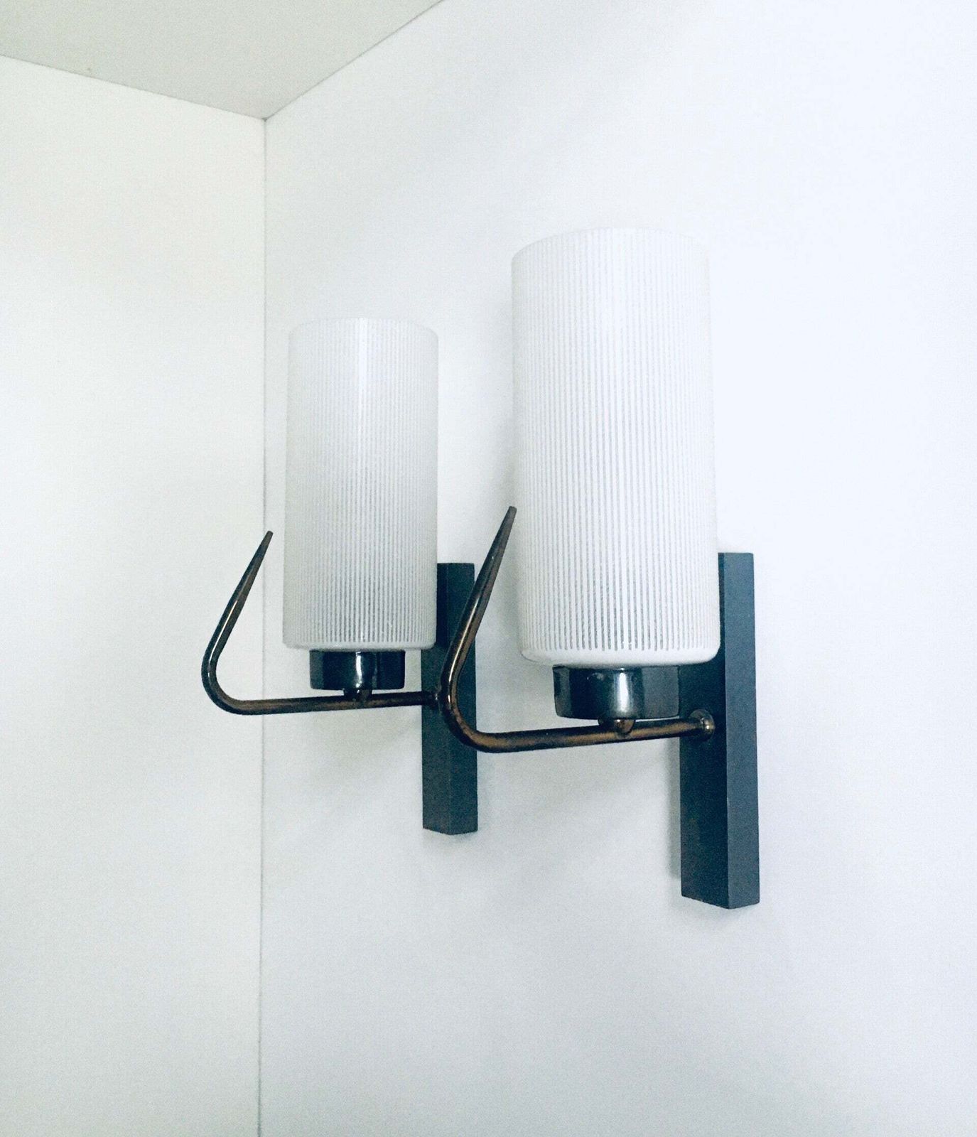 Midcentury Design Brass & Glass Wall Lamp Sconce Set, France 1950's photo furniture