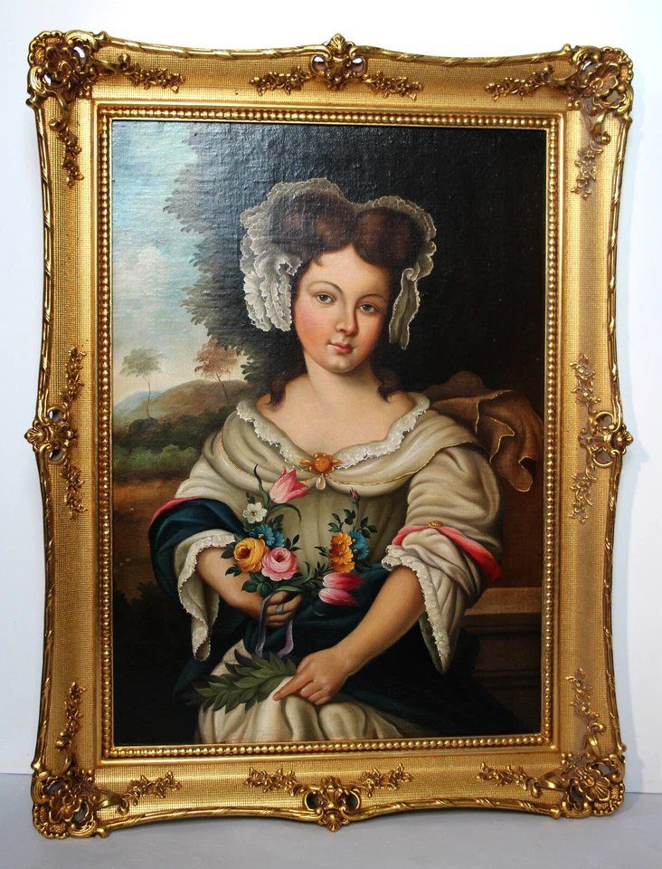 Young Girl With Florals, Early 1800s, Oil On Canvas photo vintage