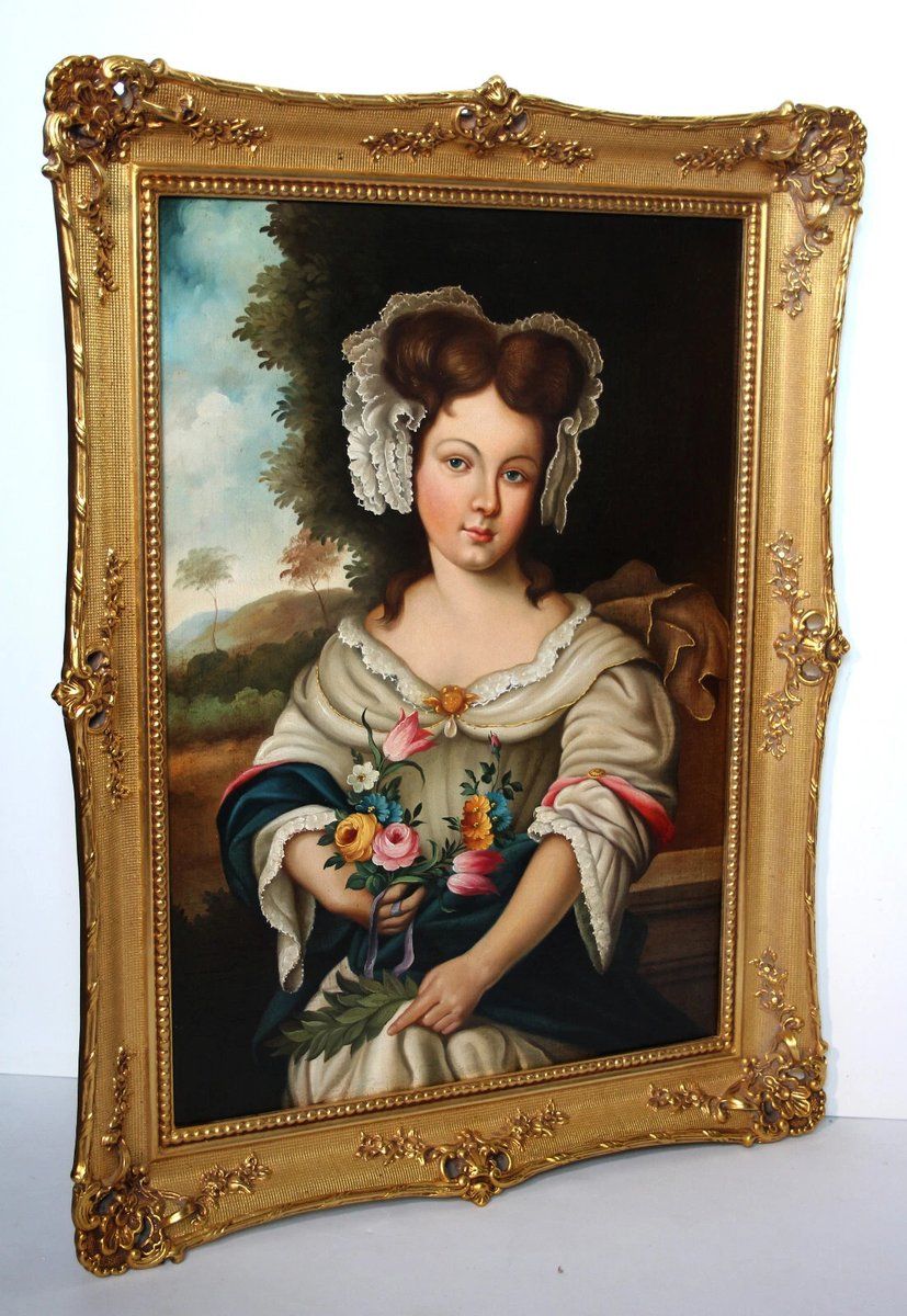 photo furniture Young Girl With Florals, Early 1800s, Oil On Canvas