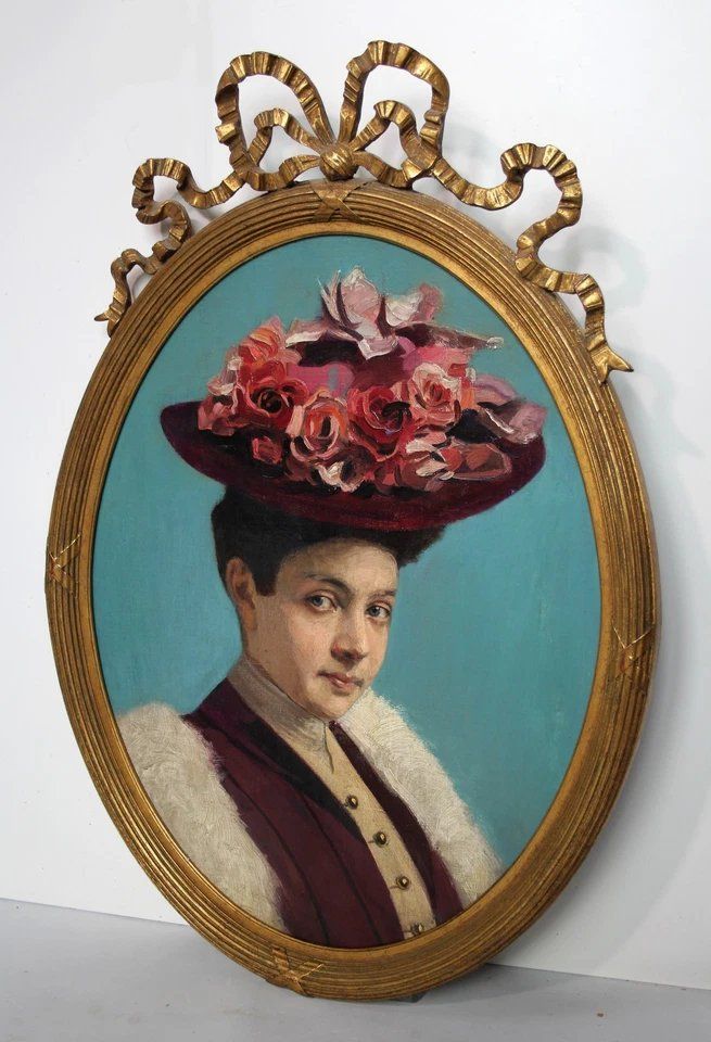 Portrait Of Lady With Hat, 1800s, Oil Painting, Framed photo for sale