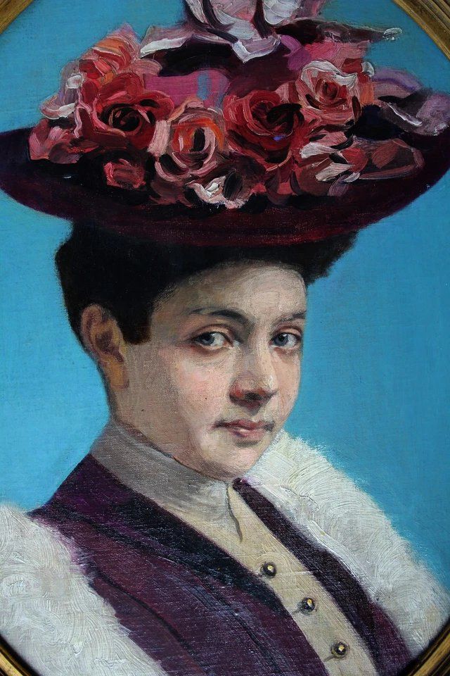 Art Portrait Of Lady With Hat, 1800s, Oil Painting, Framed photo
