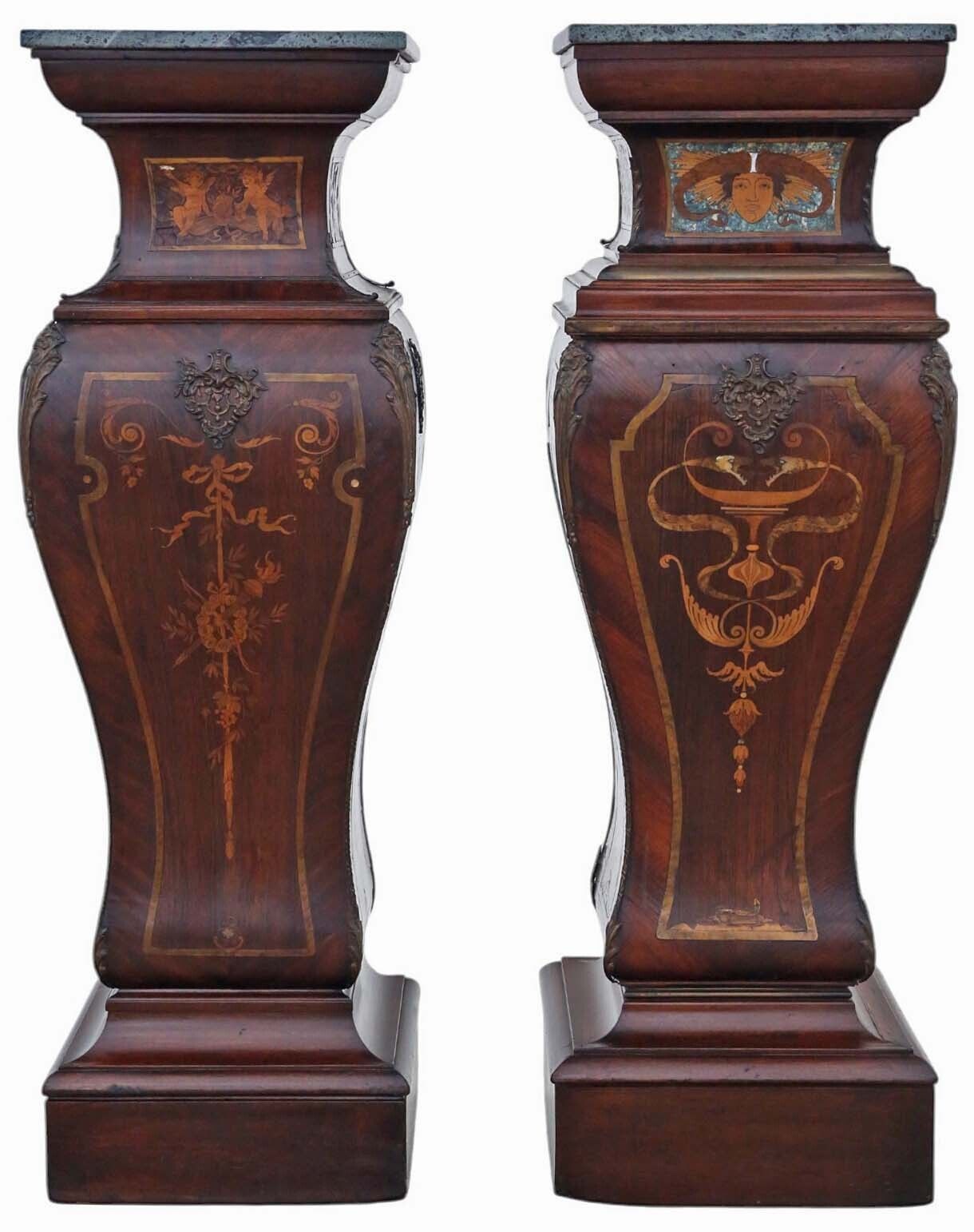 Antique Large Pair Of 19th Century Neoclassical Jardiniere Statue Stands – Marquetry Pedestal Tables With Ormolu Mounts And Topped With Marble photo furniture
