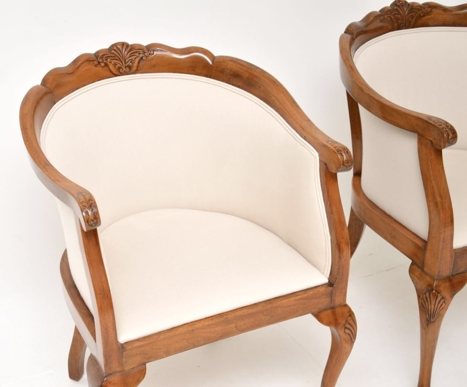 Pair Of Antique Queen Anne Style Walnut Tub Armchairs photo for sale