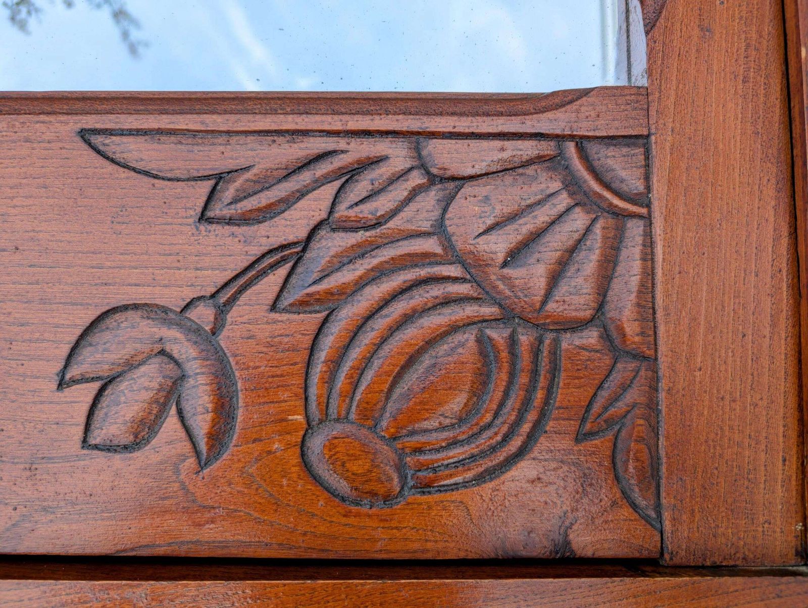 Large Art Nouveau Carved Oak Wall Cabinet With Mirror – Floral Motif –1920s photo buy
