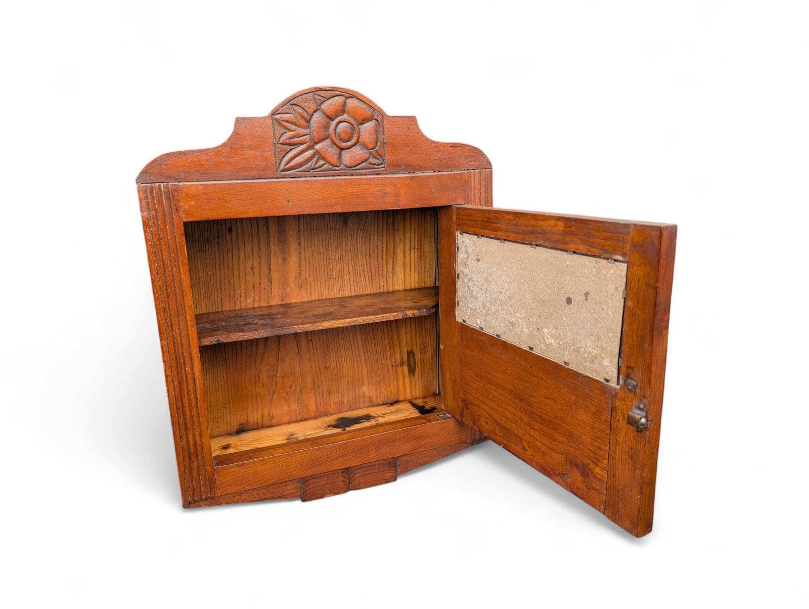 photo furniture Large Art Nouveau Carved Oak Wall Cabinet With Mirror – Floral Motif –1920s
