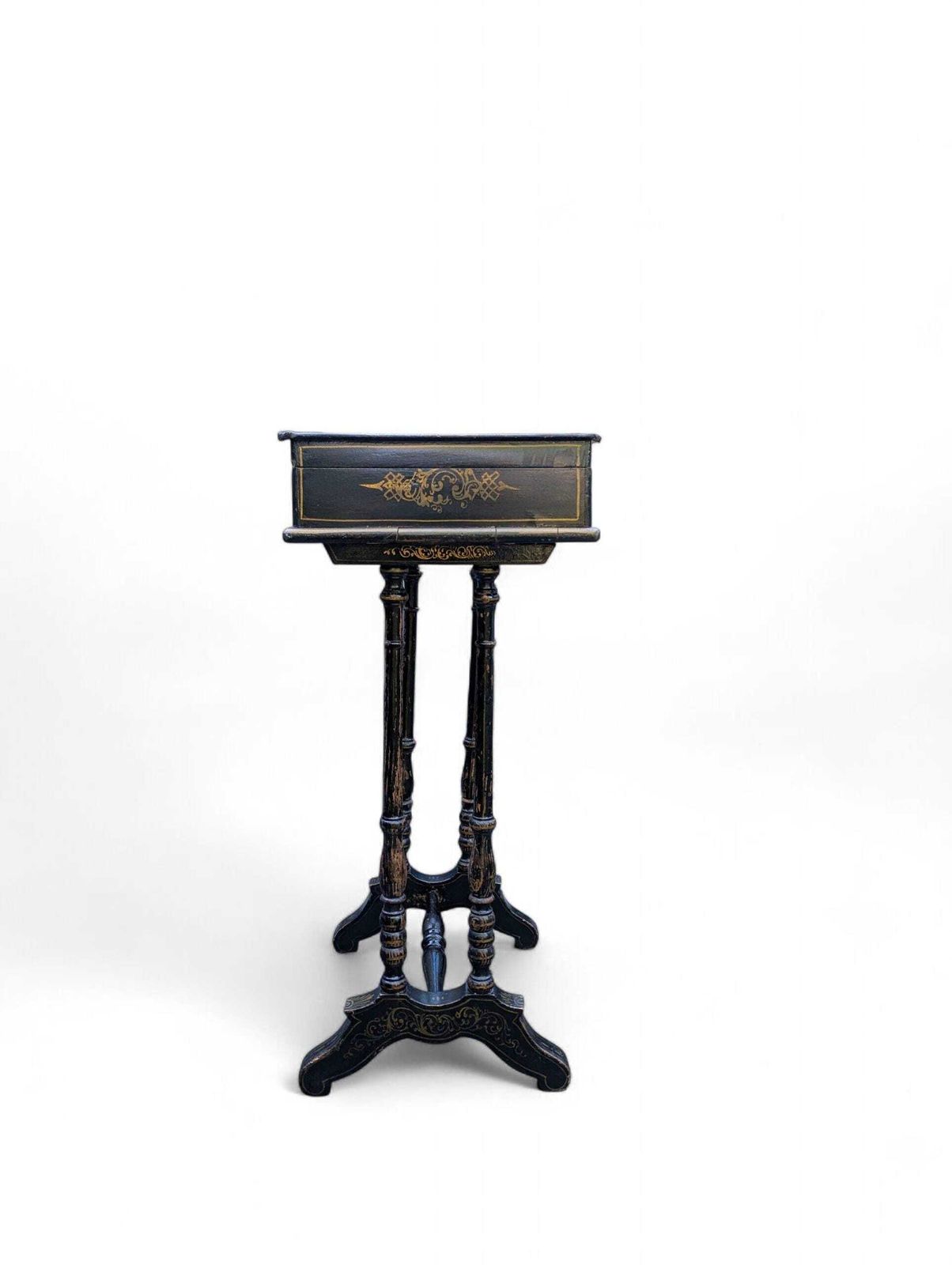 Antique French Chinoiserie Sewing Table / Work Table, Ca. 1869, Lacquer With Newspaper Detail photo for sale