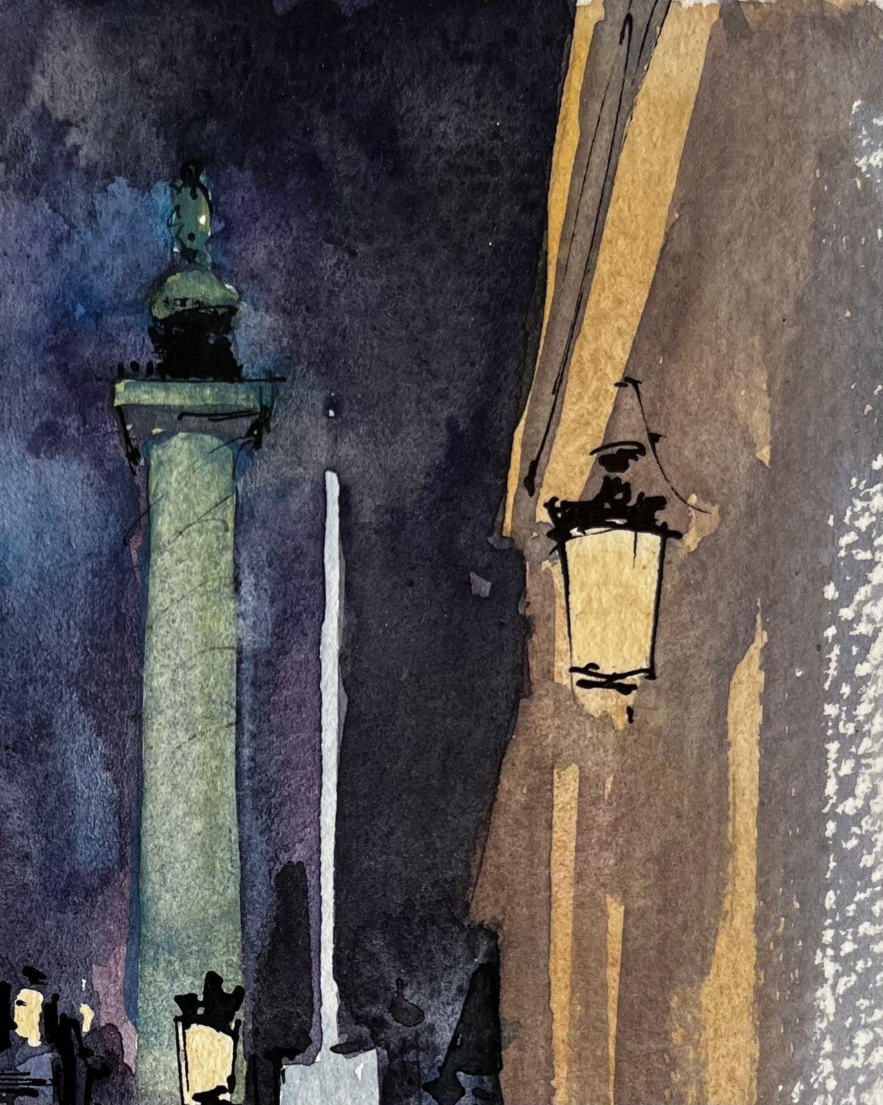 Pierre Neveuparisian City Square At Night With Column And Figures French Watercolor photo vinterior