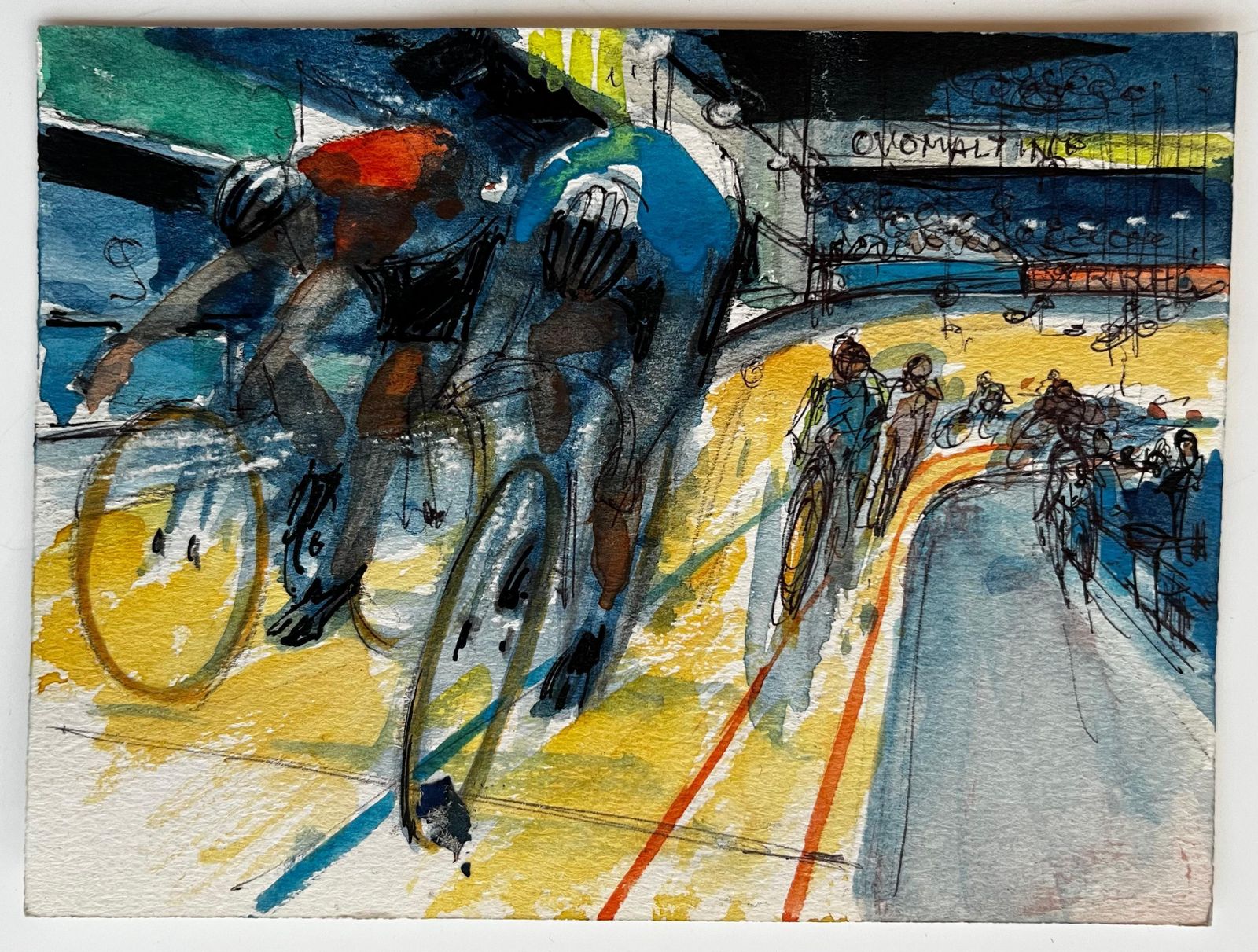 Pierre Neveucyclists Racing On Velodrome Track French Modernist Watercolor Gouache photo furniture