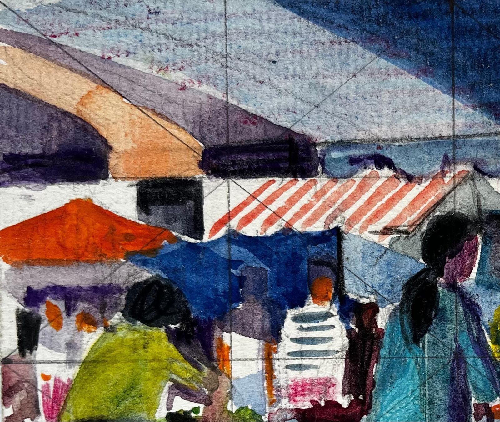 Pierre Neveufrench Market Scene With Figures Stalls And Awnings Modernist Watercolor photo Art