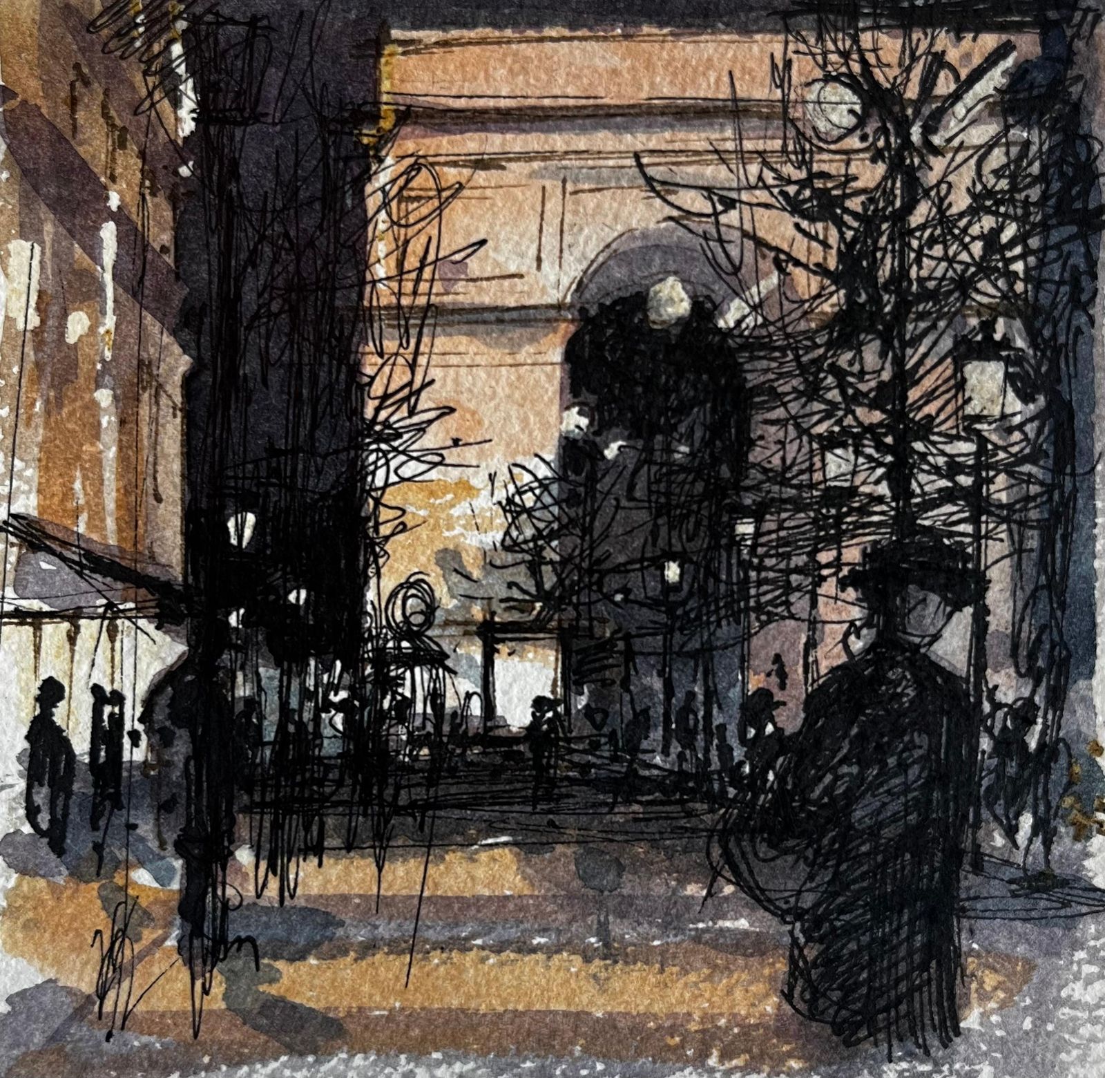 Pierre Neveuatmospheric French City Square With Figures Archway And Trees Watercolor