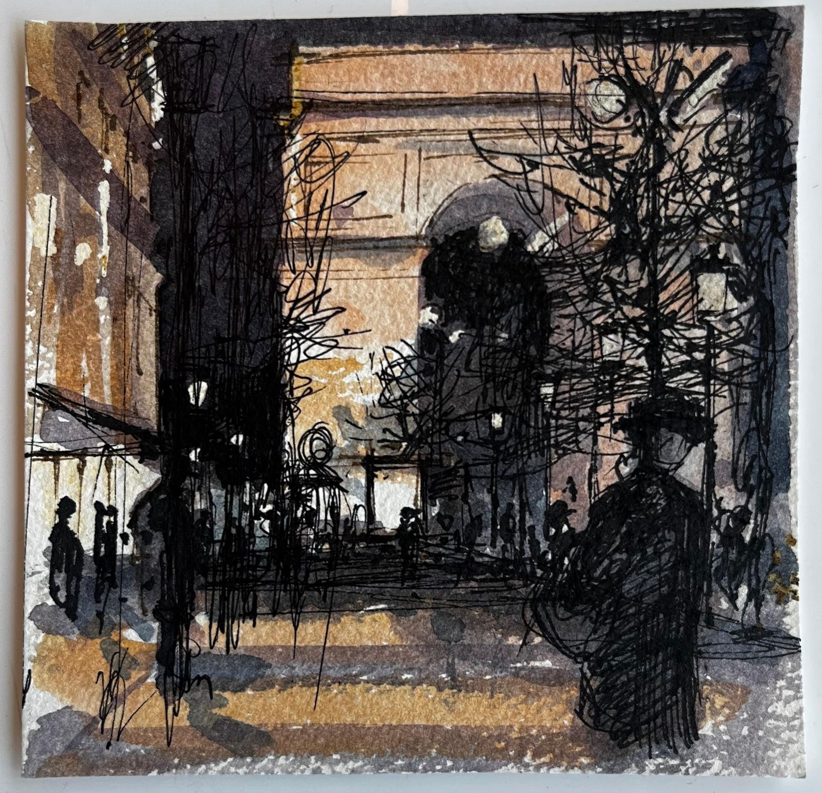 Pierre Neveuatmospheric French City Square With Figures Archway And Trees Watercolor photo furniture
