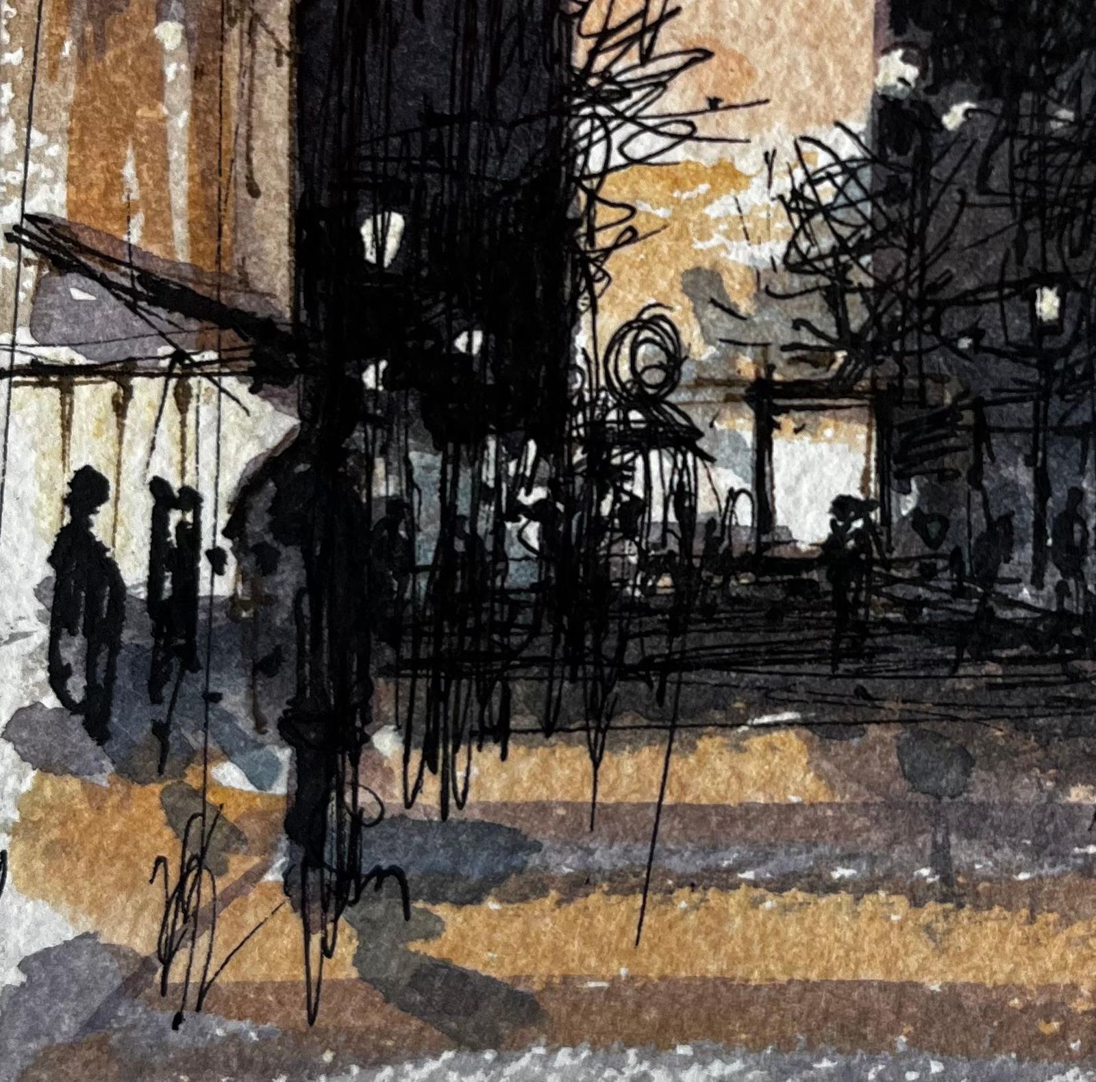 Pierre Neveuatmospheric French City Square With Figures Archway And Trees Watercolor photo vinterior