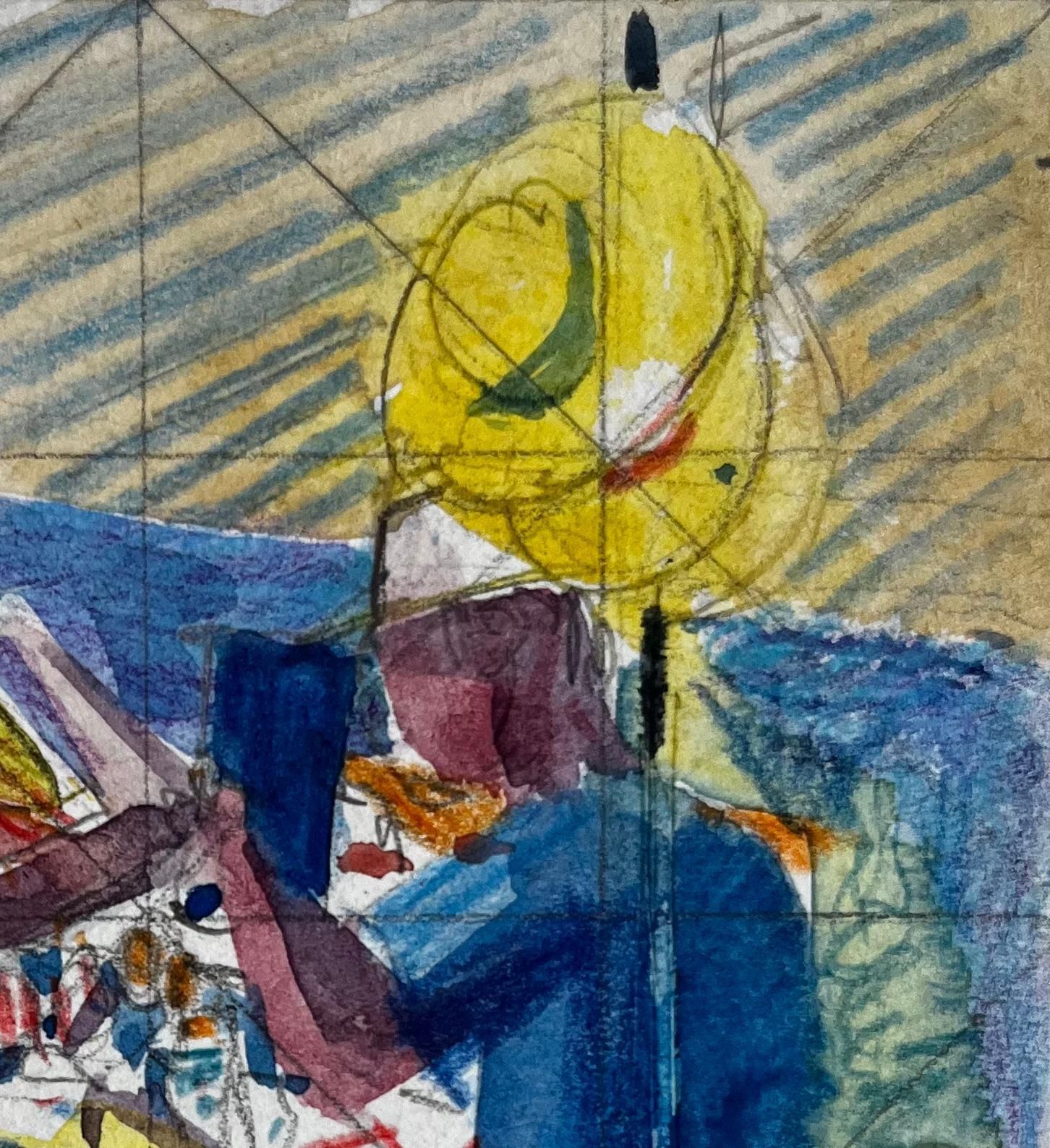 Pierre Neveuabstract Figurative Scene With Figures In Hats French Modern Watercolor Gouache photo Art