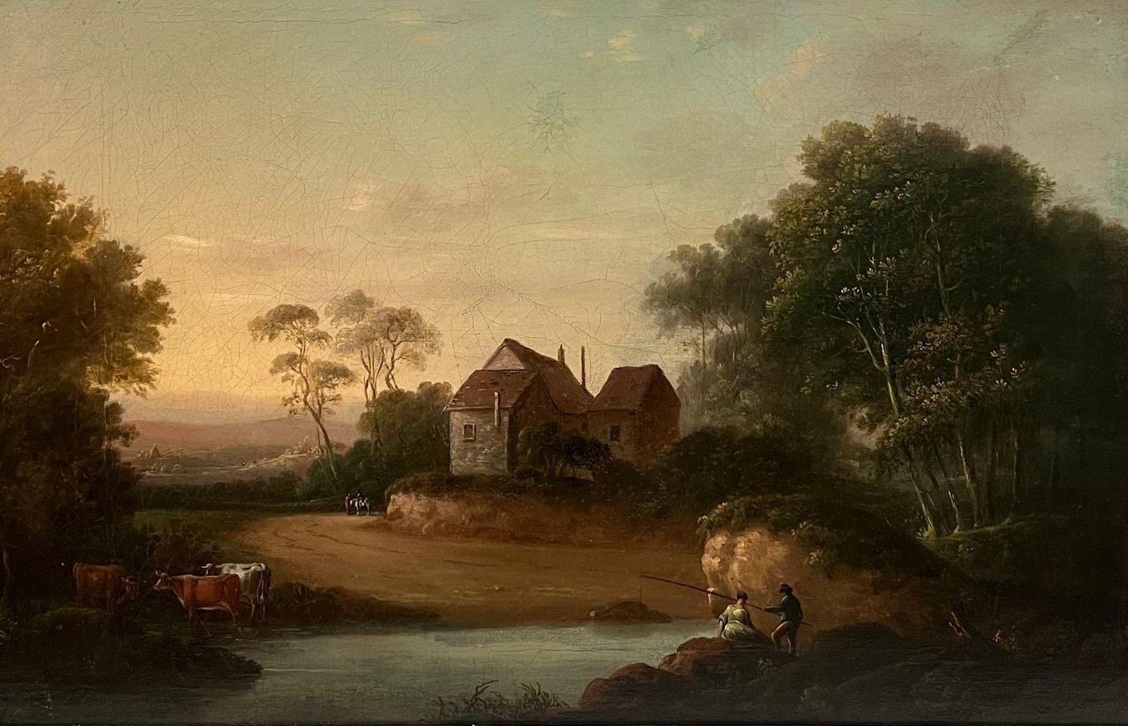 English School 19th Centuryfine Early 1800's English Romantic Sunset Landscape Figures & Cattle Rural View1953 photo furniture