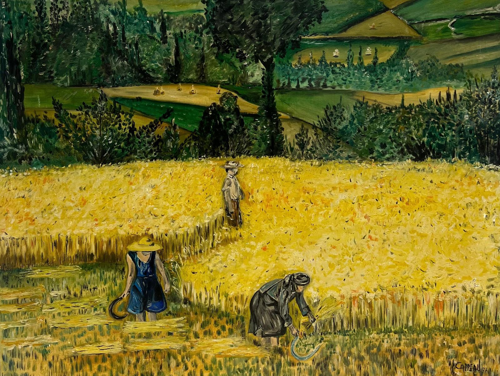 French Post Impressionistlarge 1970's French Post Impressionist Signed Oil Figures In Wheat Field Harvest1977