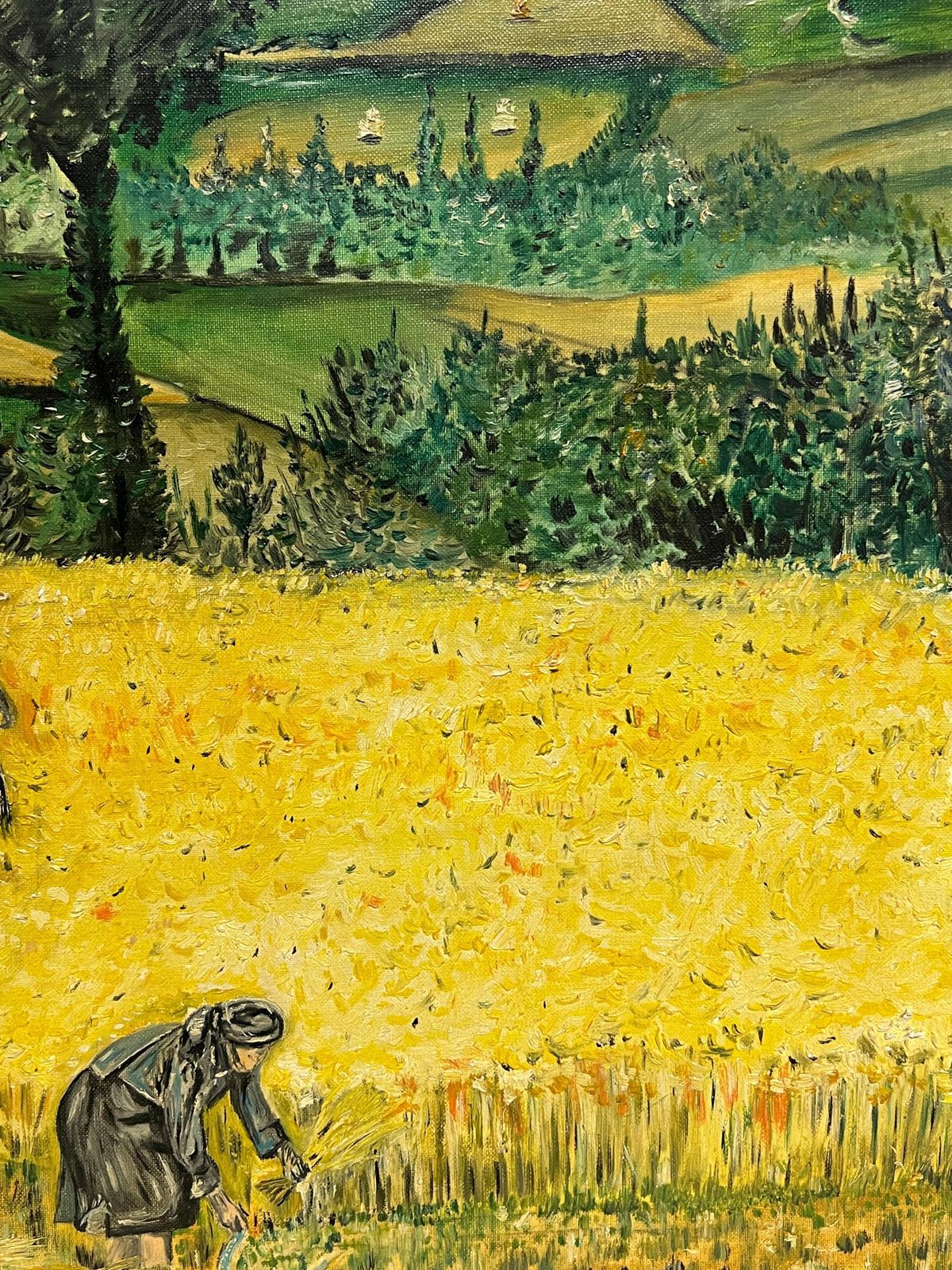 French Post Impressionistlarge 1970's French Post Impressionist Signed Oil Figures In Wheat Field Harvest1977 photo buy