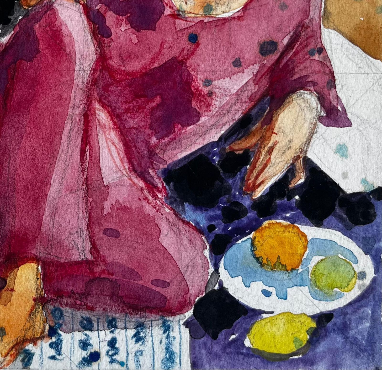 Pierre Neveuwoman In Pink Dress With Flowers And Citrus Still Life French Watercolor photo Art