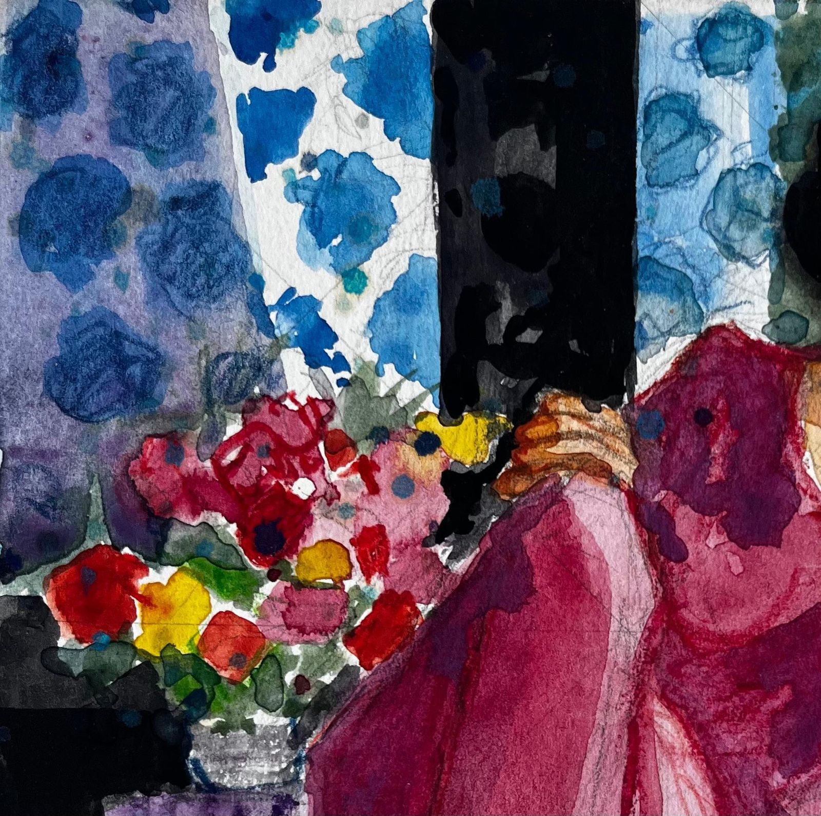 Pierre Neveuwoman In Pink Dress With Flowers And Citrus Still Life French Watercolor photo vinterior