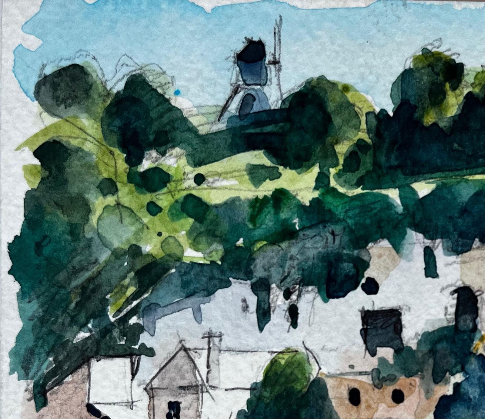 Pierre Neveufrench Hillside Village With Trees And Church Tower Modernist Watercolor photo Art