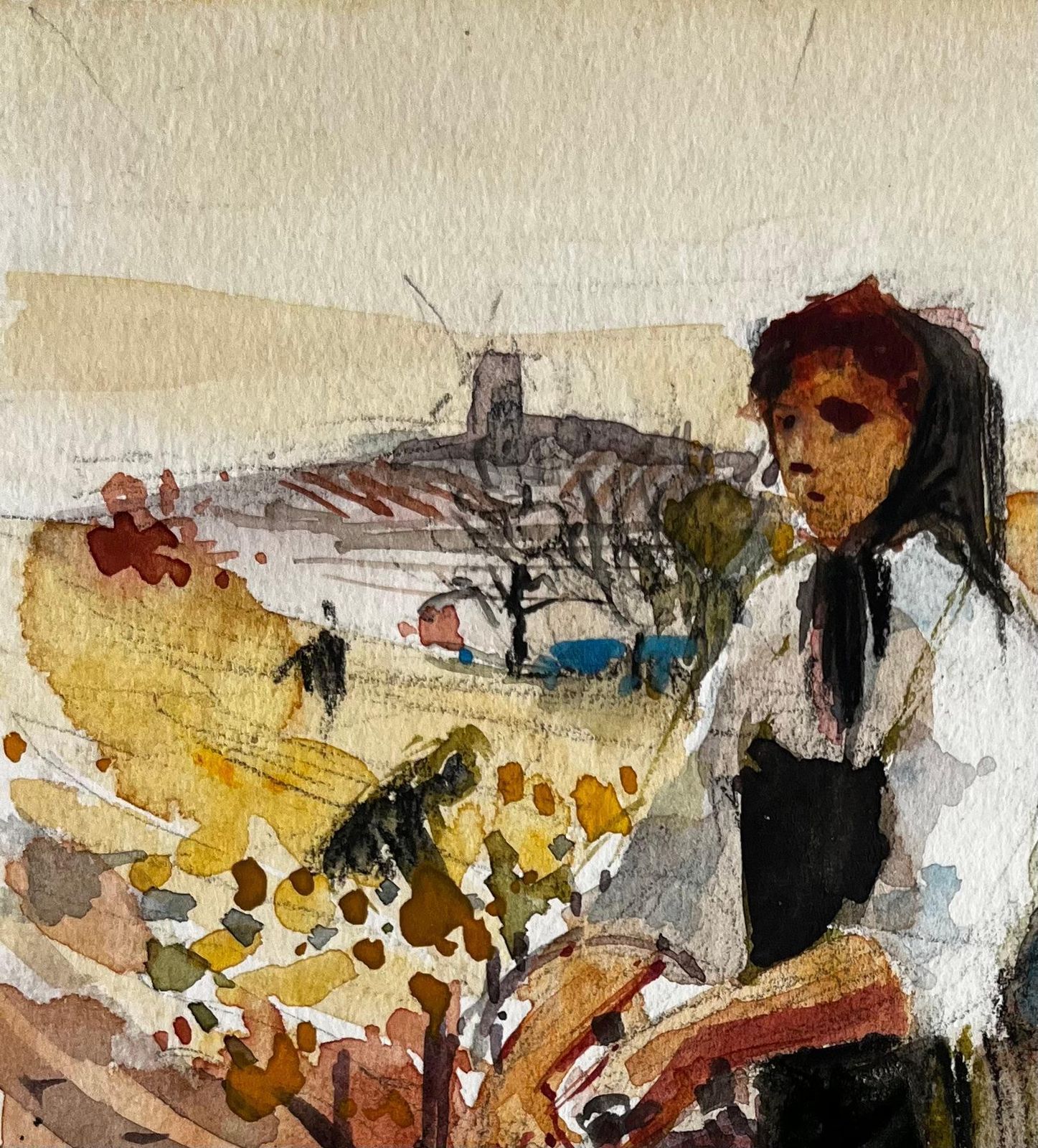 Pierre Neveuvillage Market Woman Preparing Produce French Rural Modernist Watercolor photo for sale